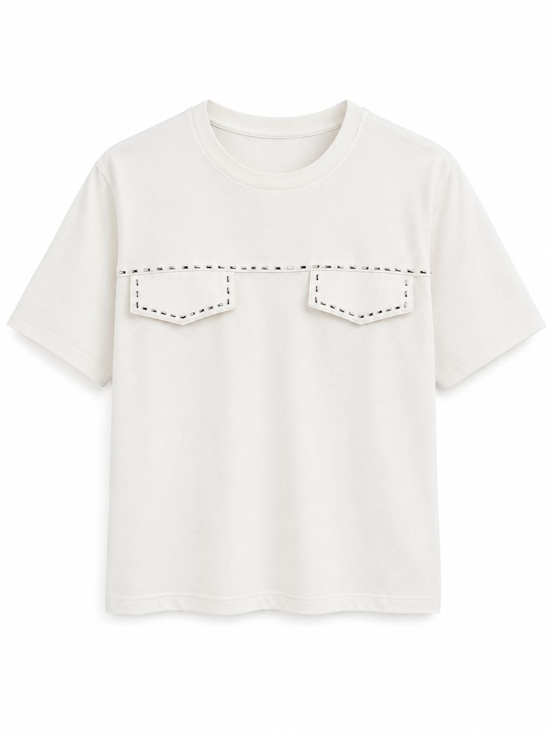 Beyaz Cep Kapakları Taş İşlemeli Tshirt