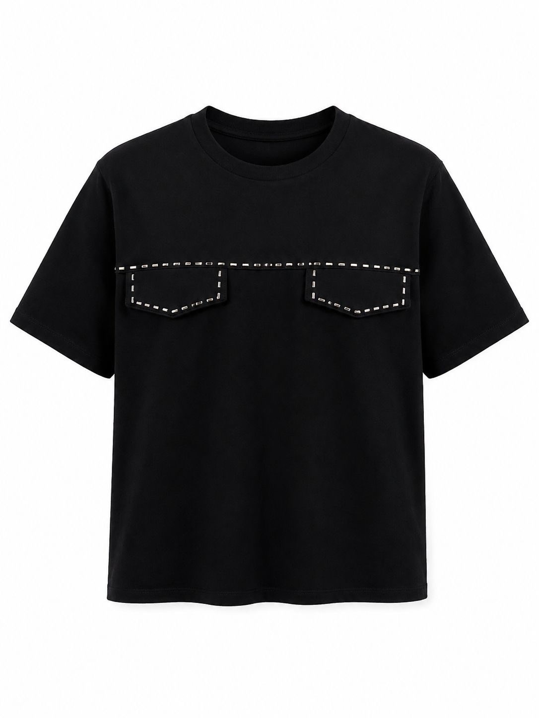Siyah Cep Kapakları Taş İşlemeli Tshirt