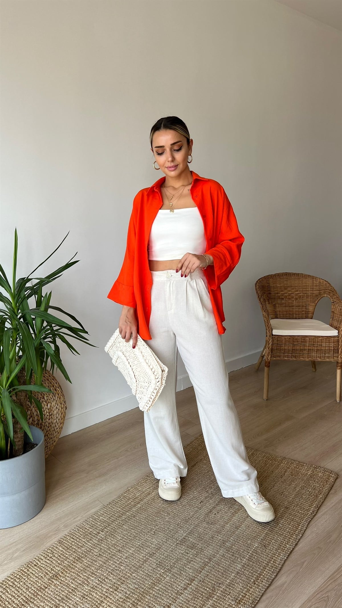 Oversize Turuncu Pamuklu Gömlek