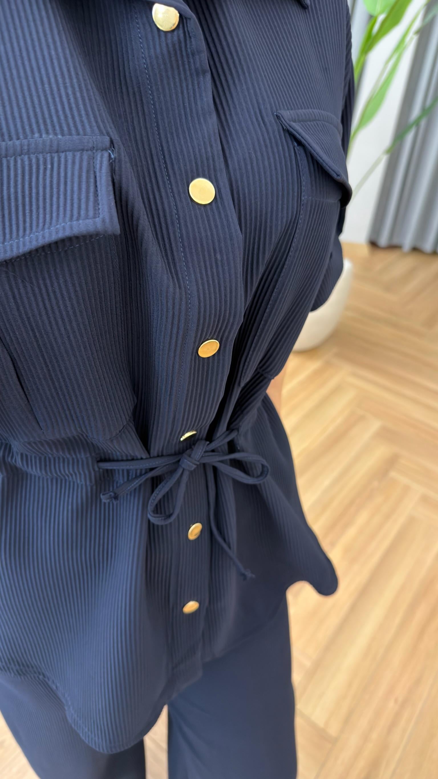 Lacivert Verba Gold Düğme Büzgülü Takım