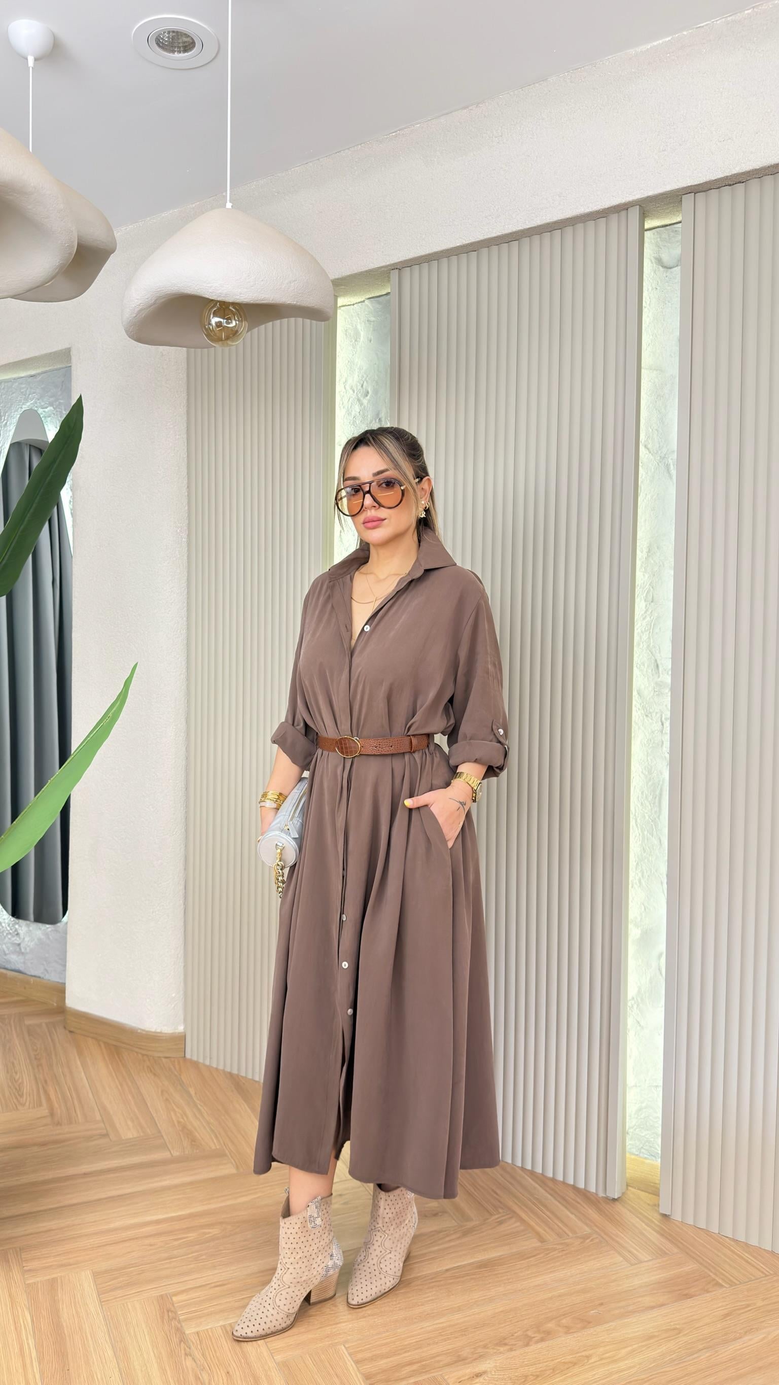 Kahve Vesra Deri Kemer Detaylı Salaş Tensel Elbise