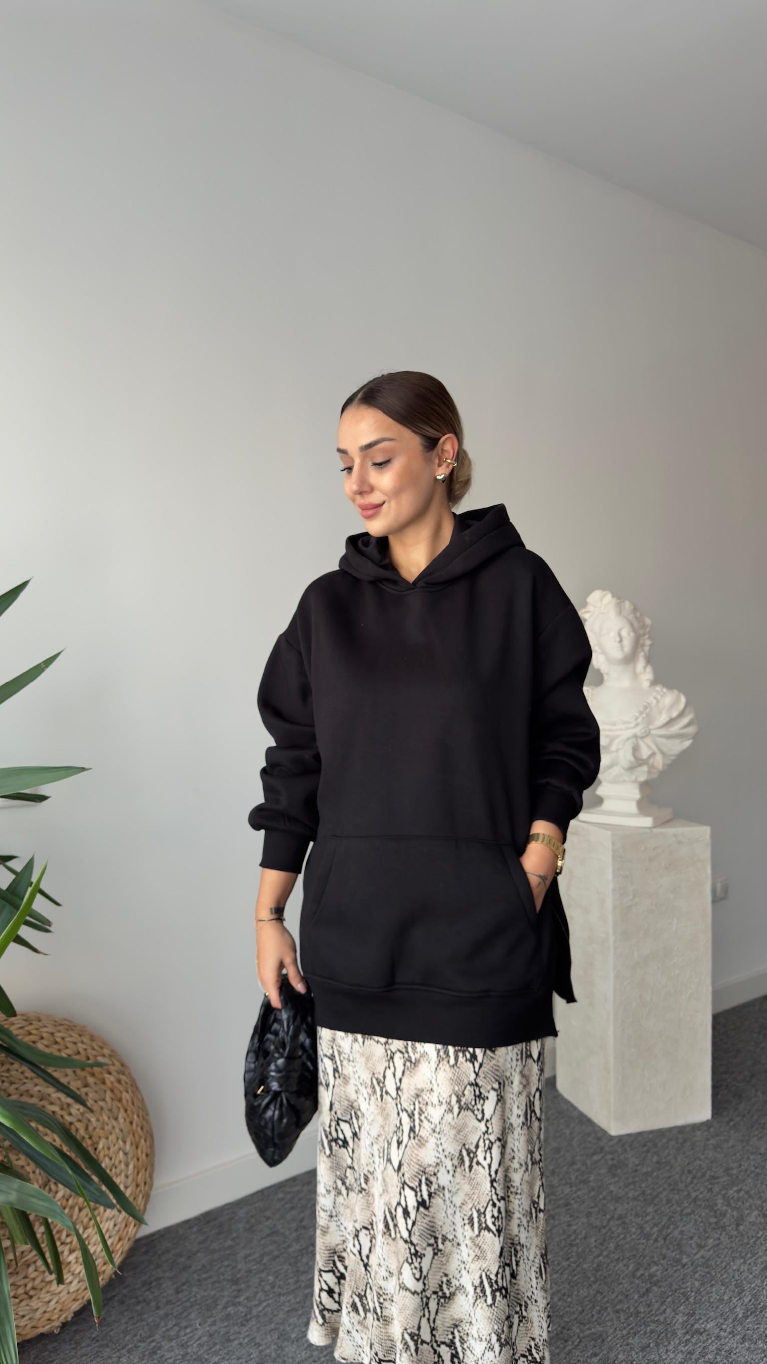 Fendy Yanlar Fermuarlı Salaş Siyah Sweatshirt