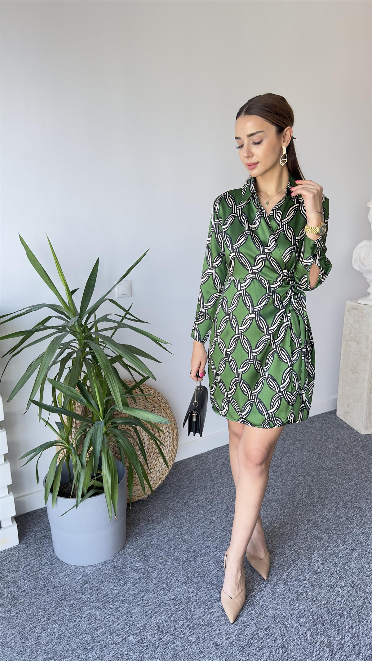 Mng Zincir Desenli Yeşil Elbise