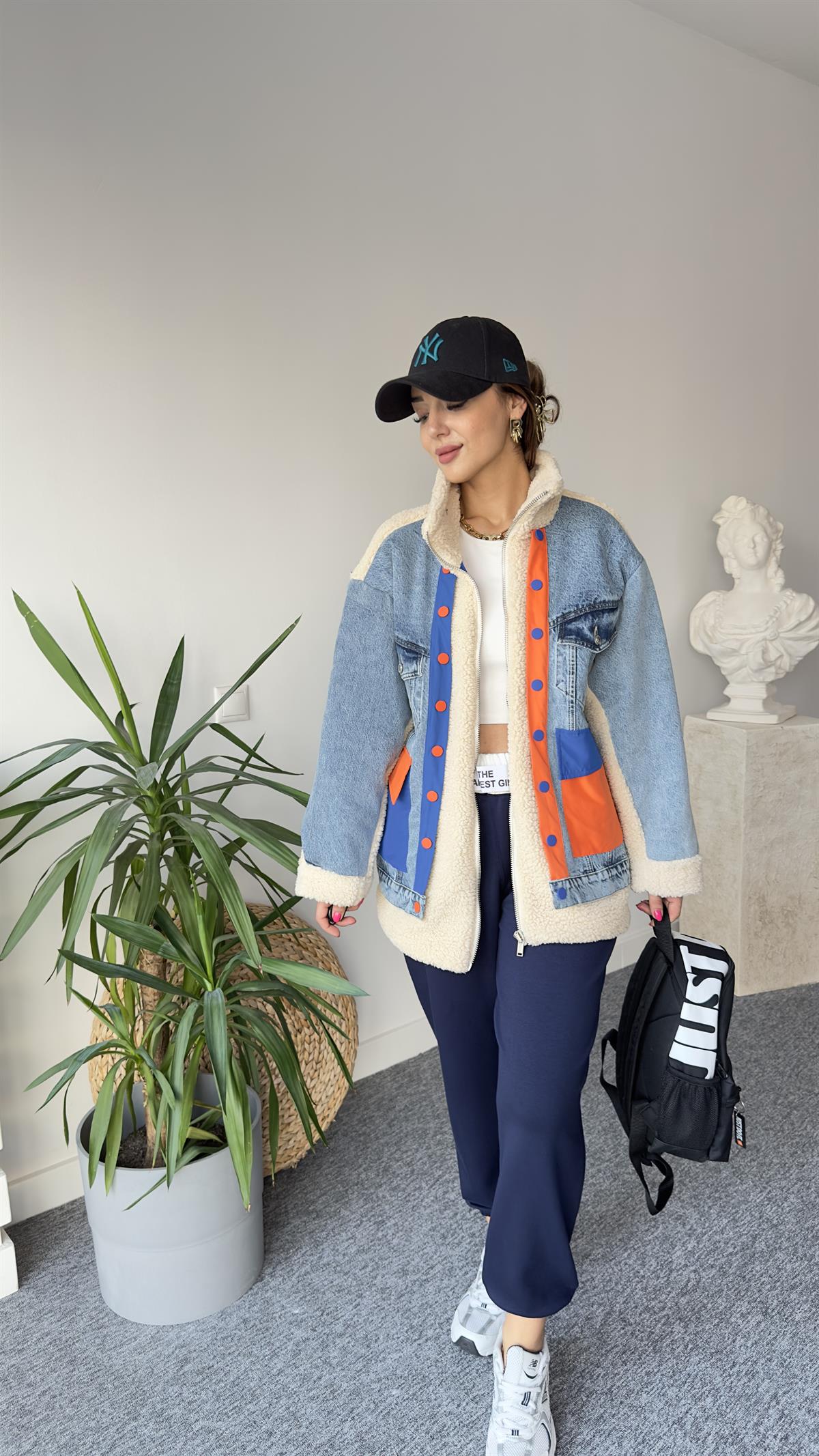 Denim Mix Turuncu Detay Peluş Mont