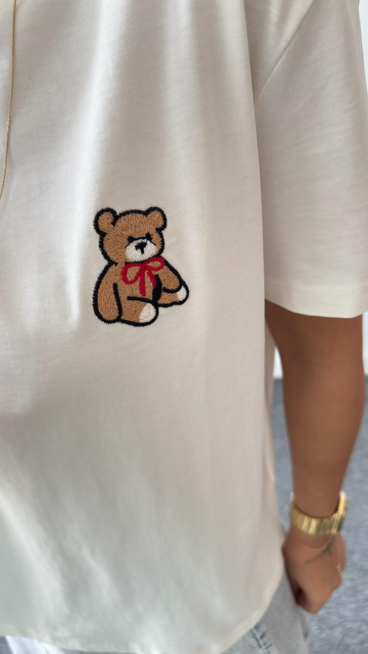 Ayıcık Nakışlı Bisiklet Yaka Tshirt