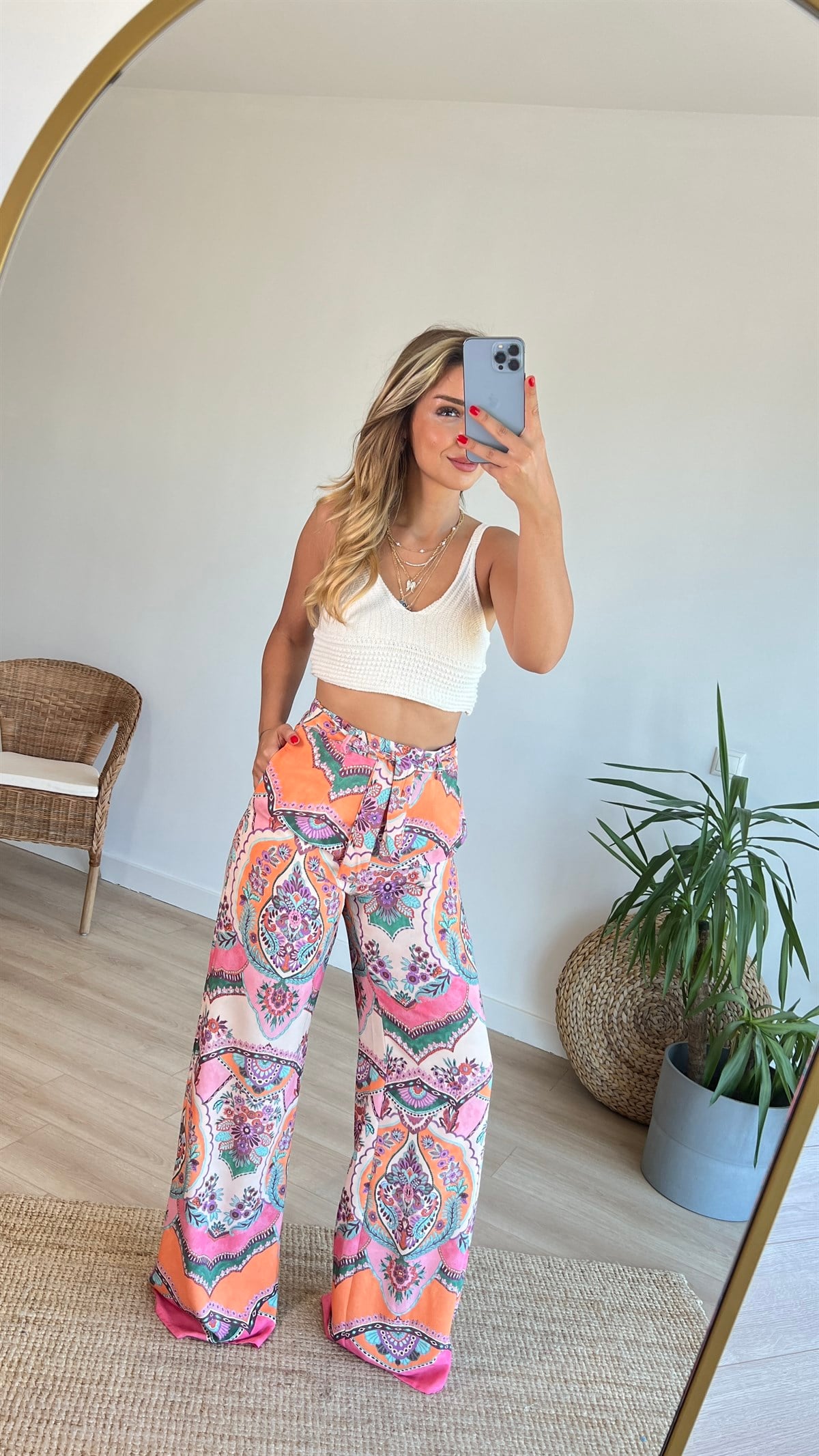 Zara Model Şal Desen Kuşaklı Pantolon