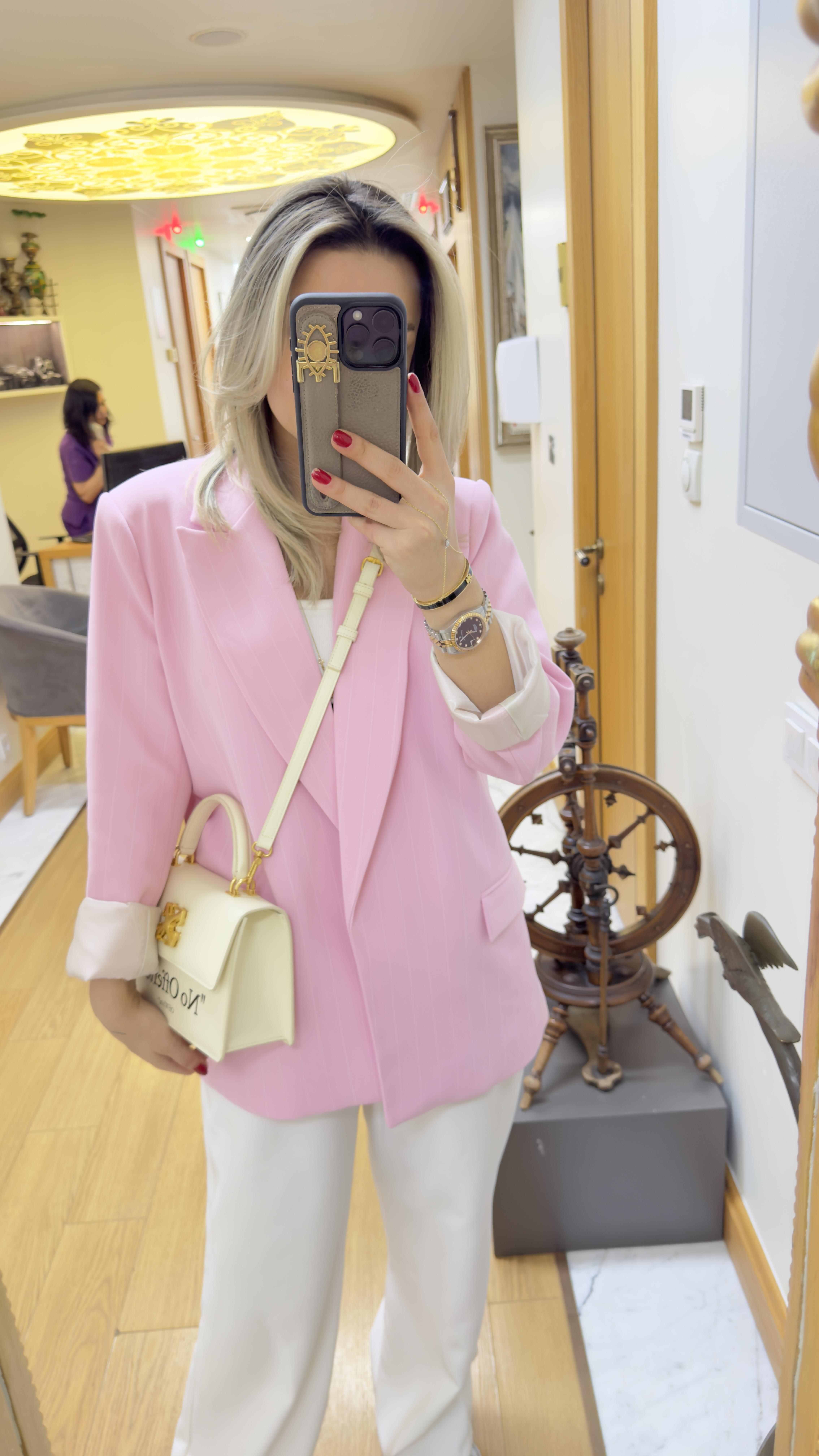 Mino Çizgili Pembe Blazer Ceket