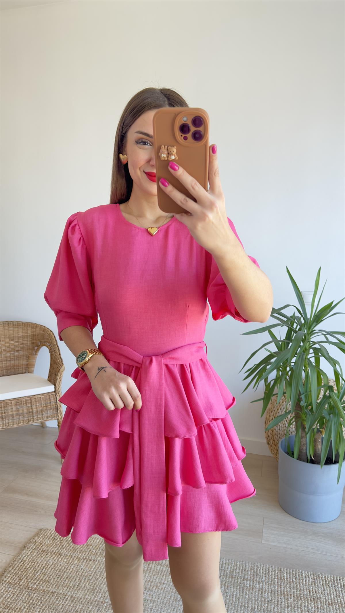 Pembe Katlı Balon Kol Elbise