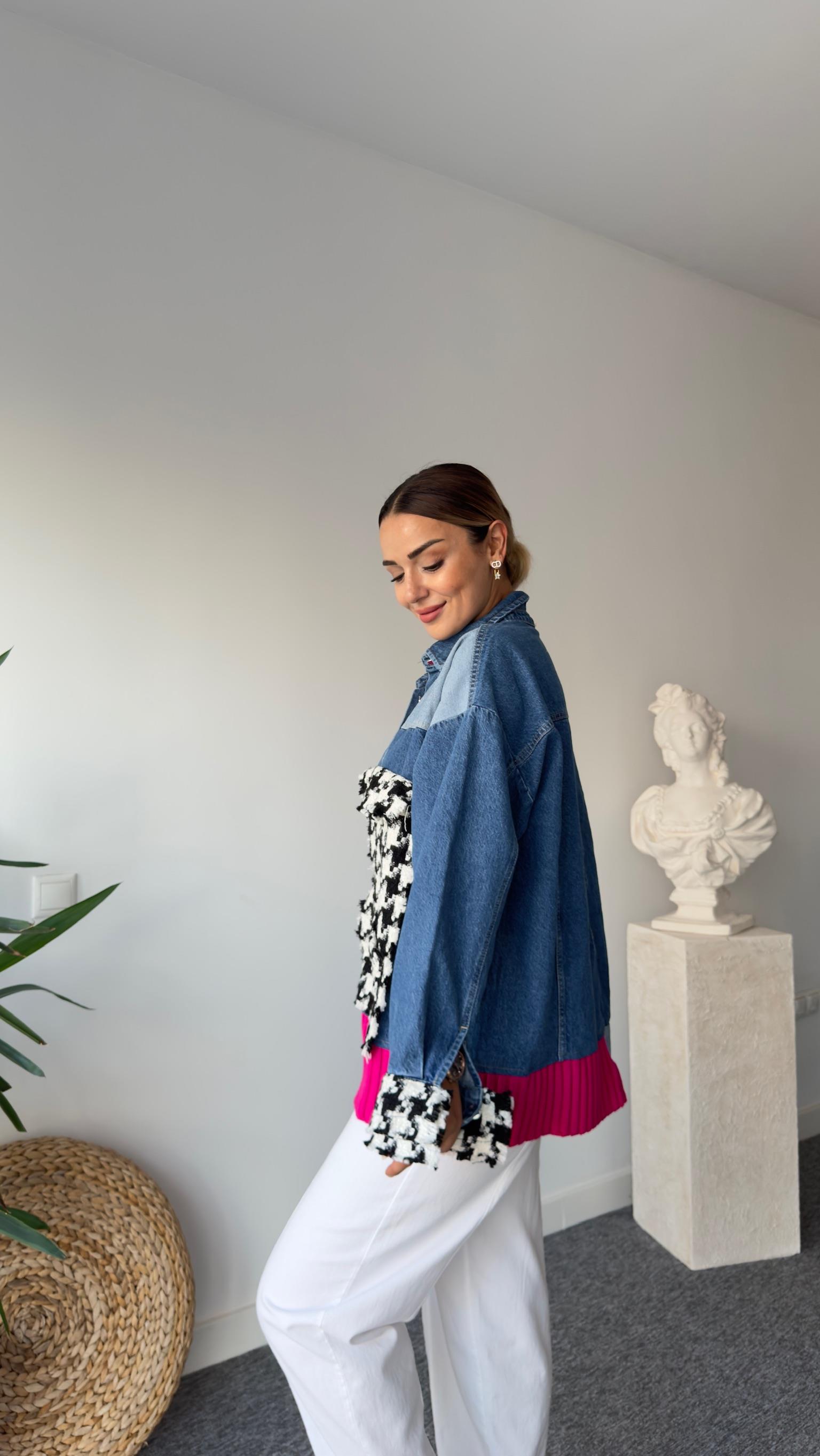 Renkli Triko Detaylı Tasarım Jean Ceket