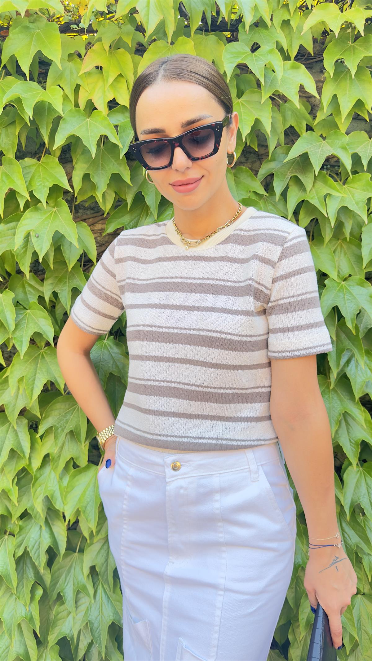 Orj Marka Gri Çizgili Örme Bluz