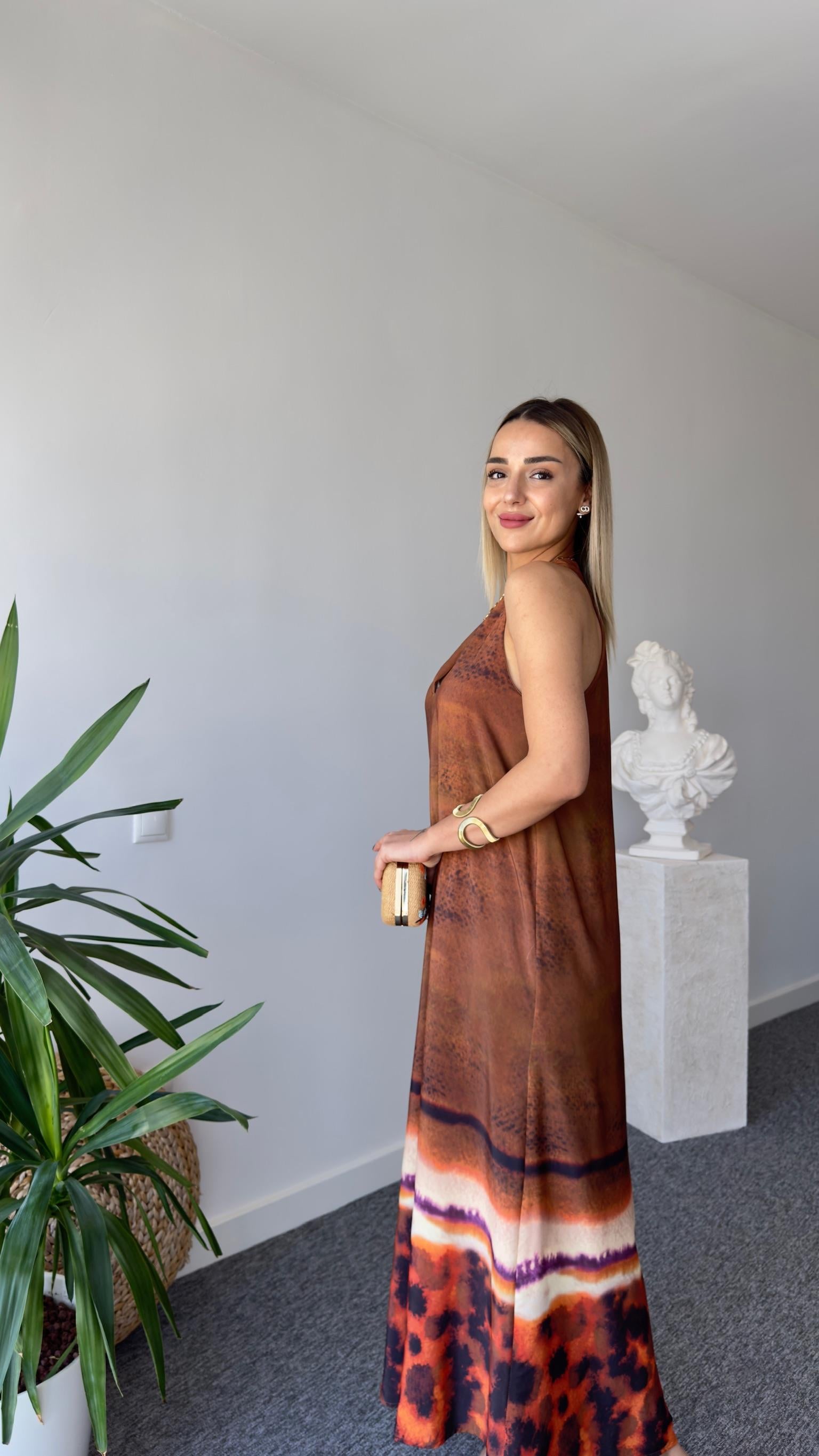 Kahve Etek Ucu Desenli Elbise
