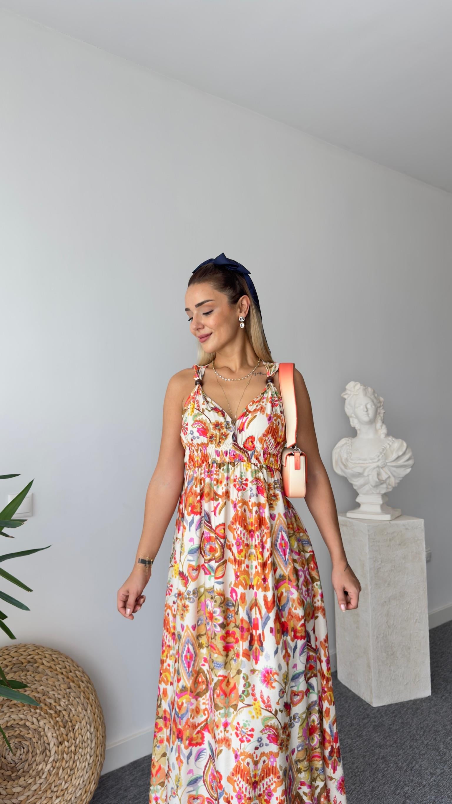 Boncuklu Orange Desenli Elbise 