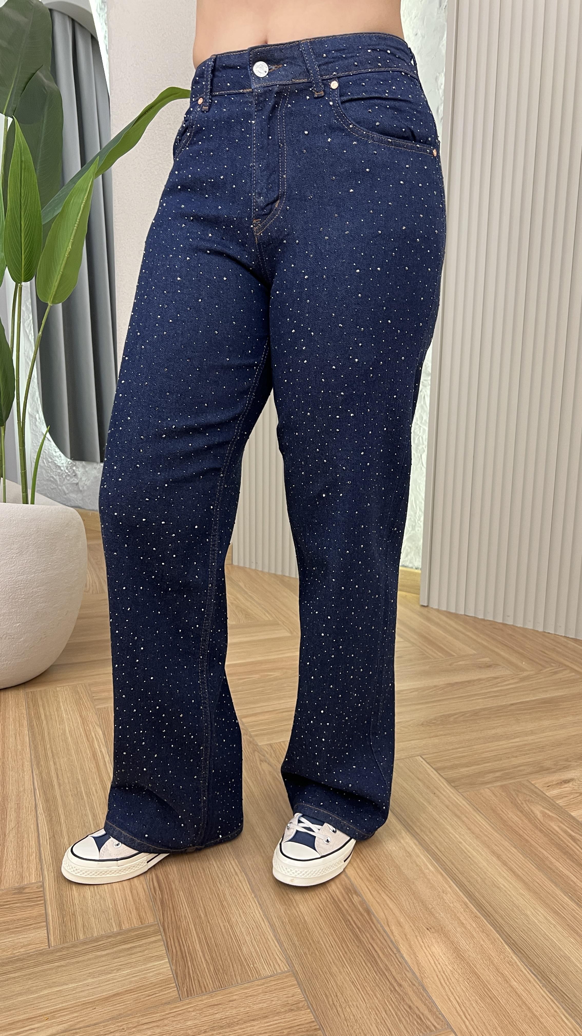 Lacivert Taş Detaylı Straight Likralı Jean