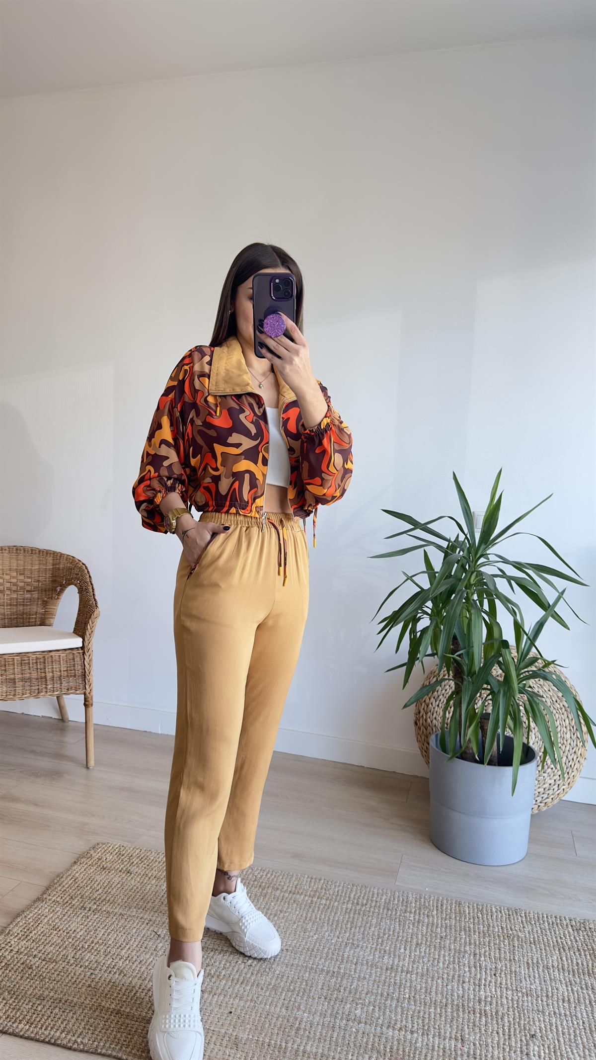 Camel Renkli Desenli Fermuarlı Takım