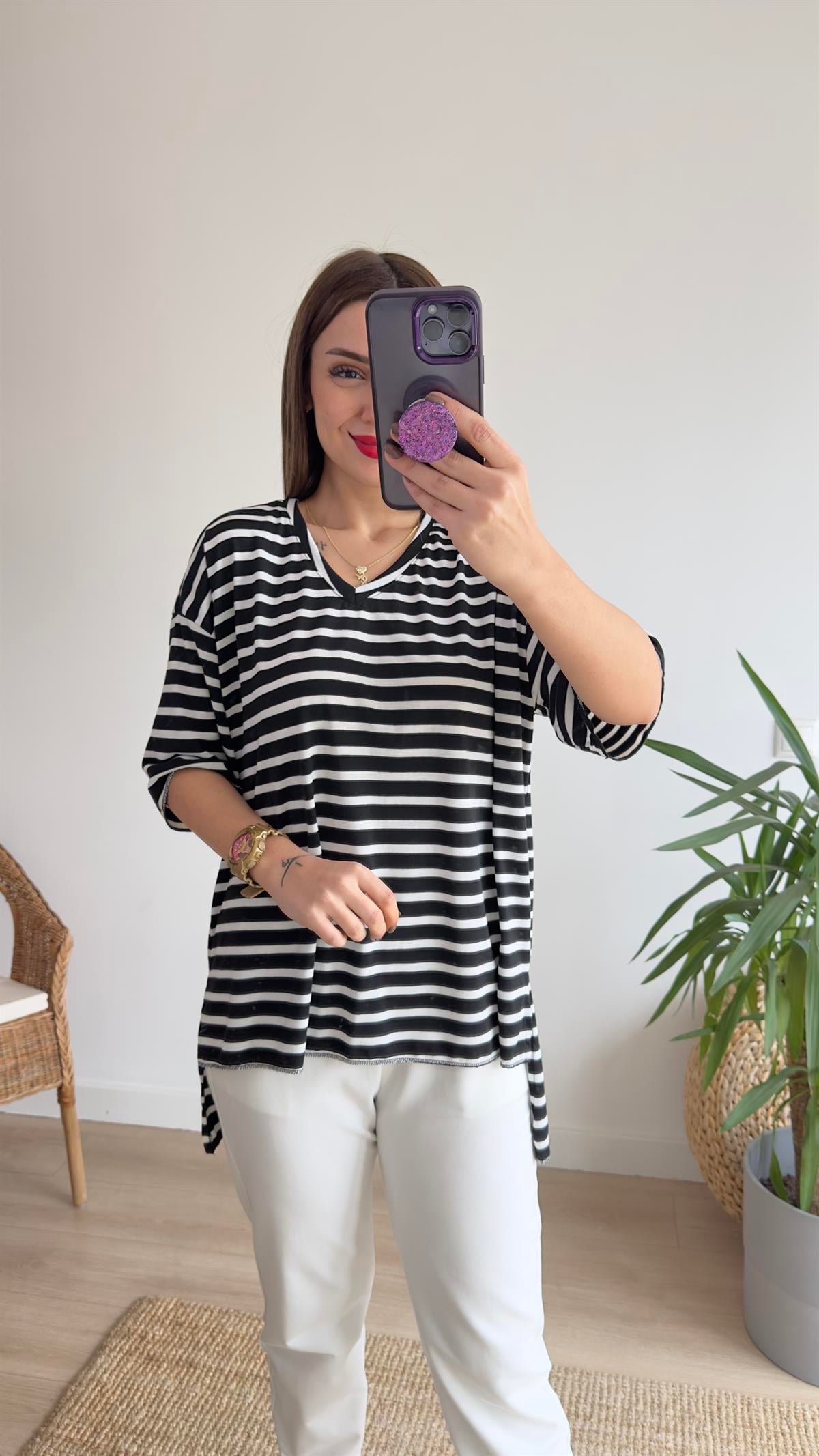 Boho Çizgili Siyah V Yaka Tshirt