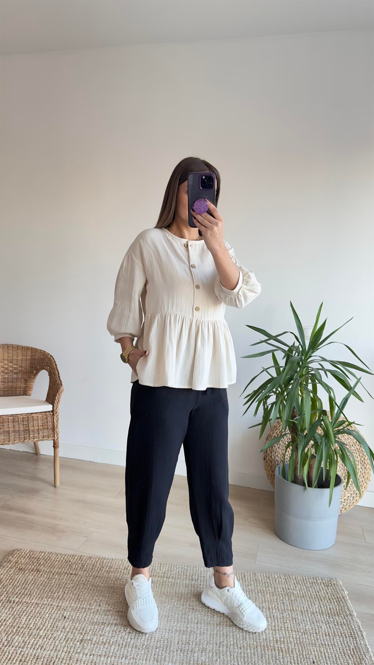 Düğmeli Keten Bluz