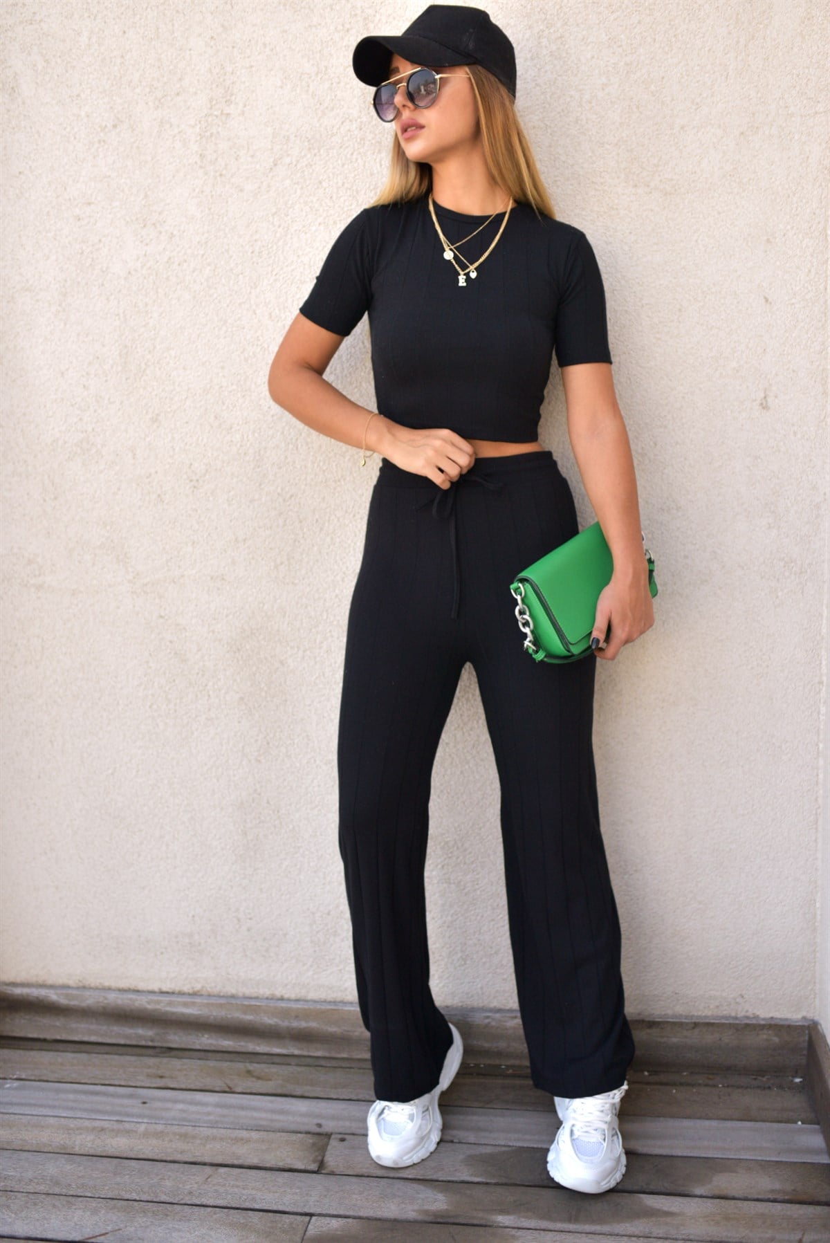 Fitilli Siyah Crop Takım