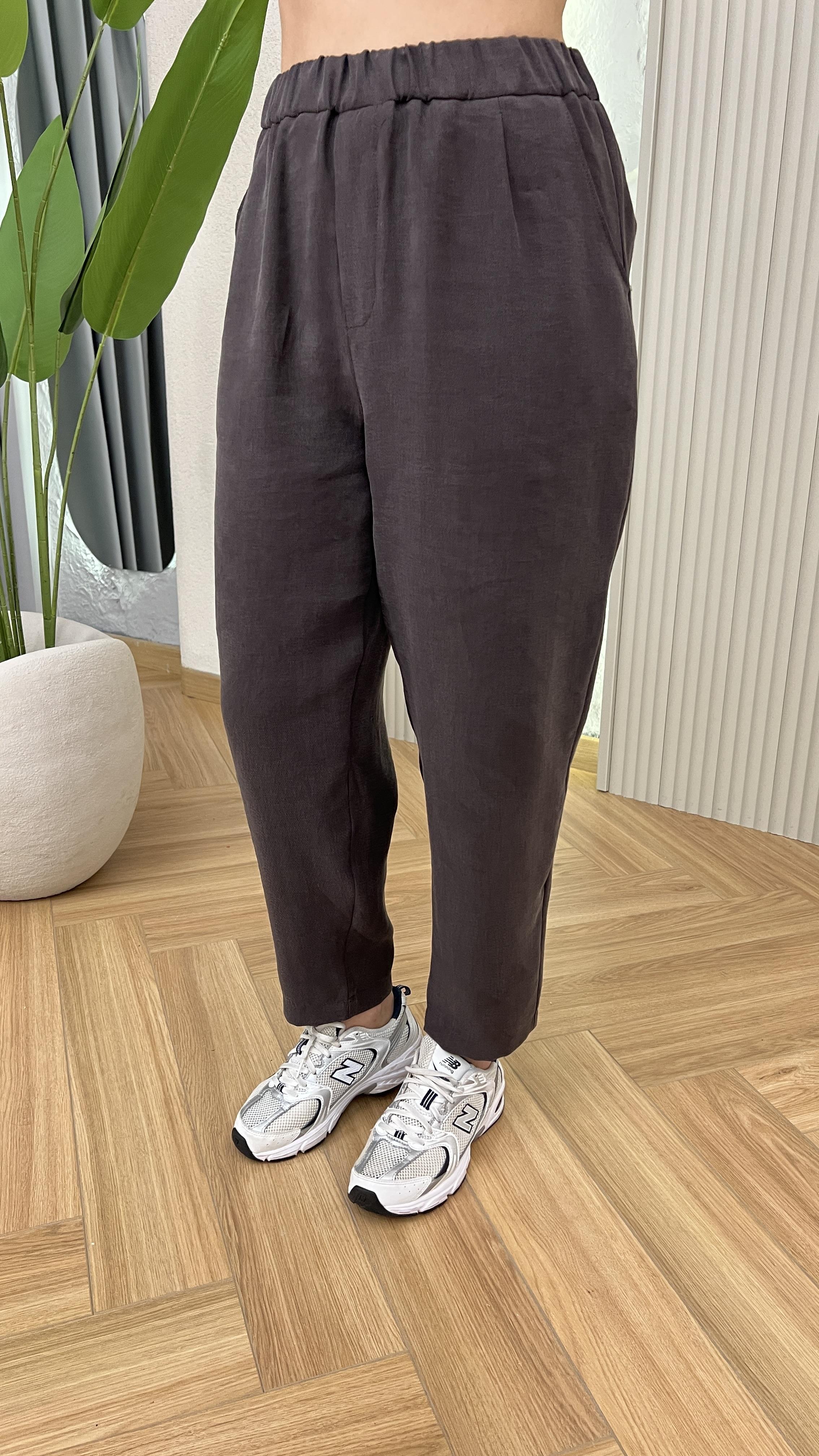 Kahve Lyocell Kumaş Bel Lastikli Pantolon