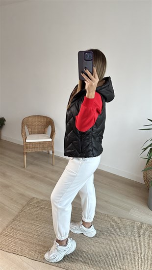 Zikzak Dikişli Kapüşonlu Yelek