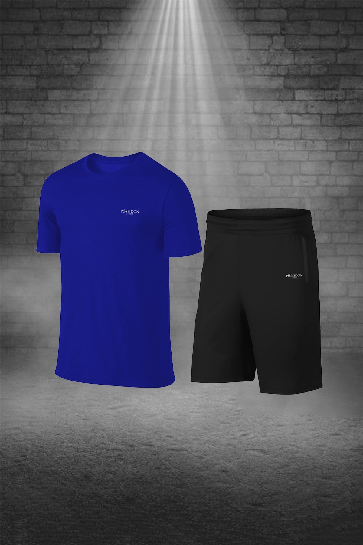 Büyük Beden Erkek Mavi Dri-Fit Kumaş Antrenman ve Koşu için Konforlu Cepli Düz Tişört Şort Seti  4XL-10XL