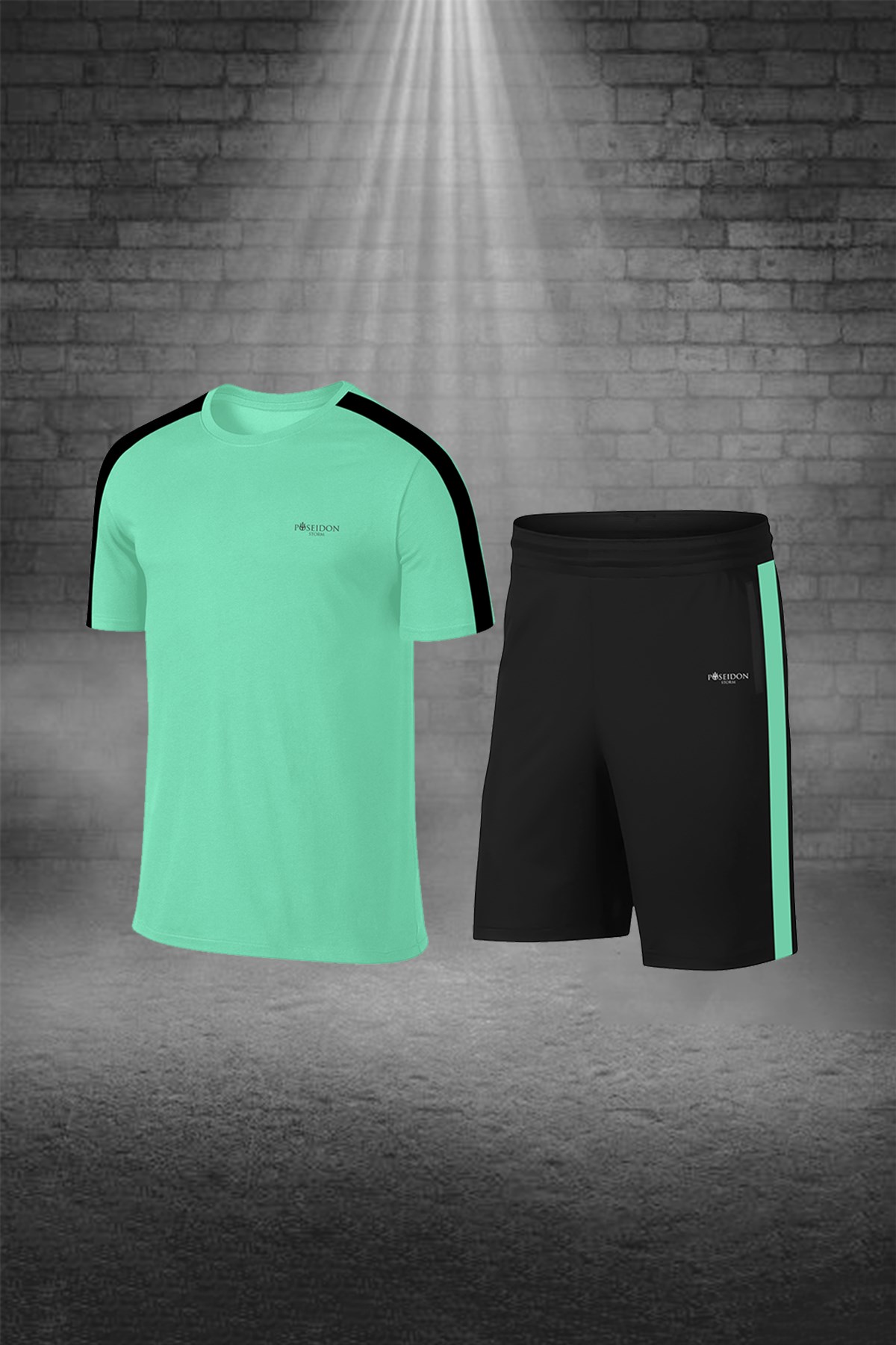 Büyük Beden Erkek Mint Yeşili Günlük Sporcu Tişört ve Şort Takımı 4XL-10XL - siyah tek bant şerit - M2