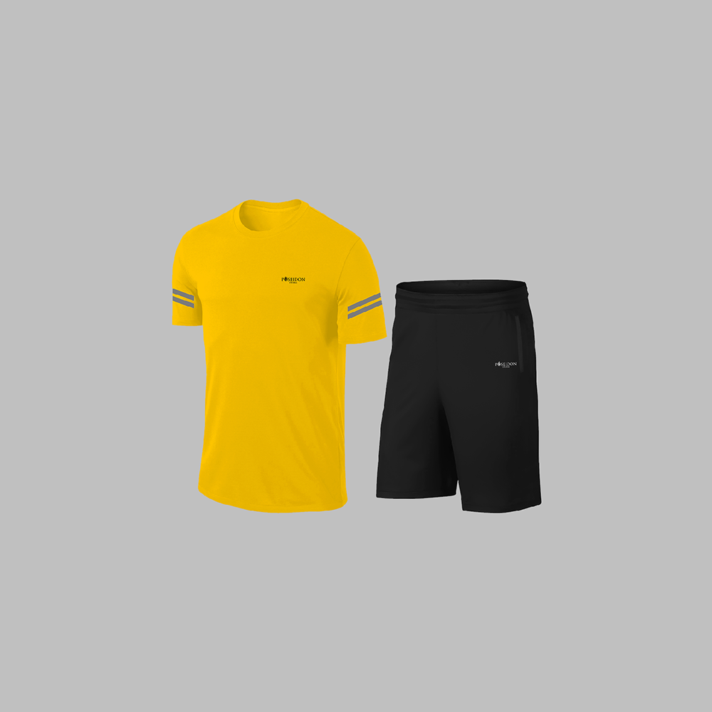 Büyük Beden Erkek Sarı Dri-Fit Kumaş Düz Yuvarlak Yaka Kısa Kol Konforlu Tişört Şort Alt Üst İkili Takım Seti   4XL-10XL