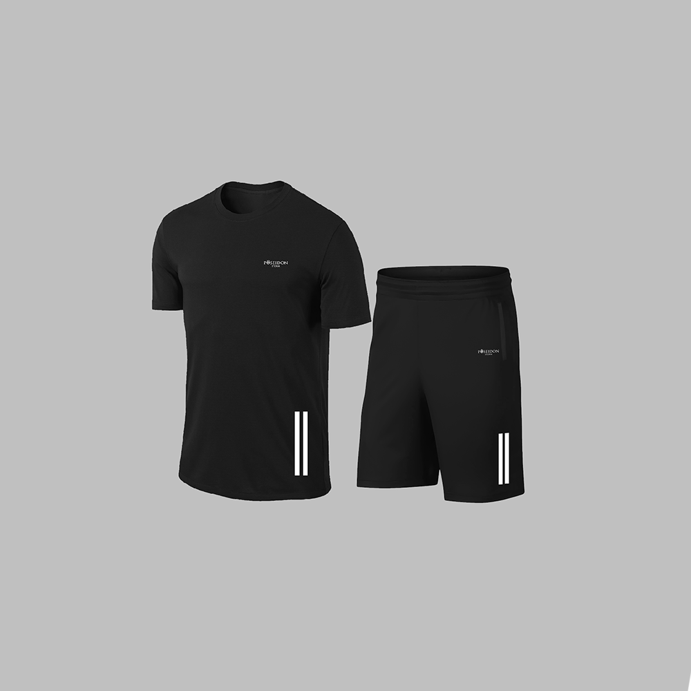Büyük Beden Erkek Siyah Dri-Fit Kumaş Yuvarlak Yaka Cepli Şık Konforlu Tişört Şort Seti  4XL-10XL