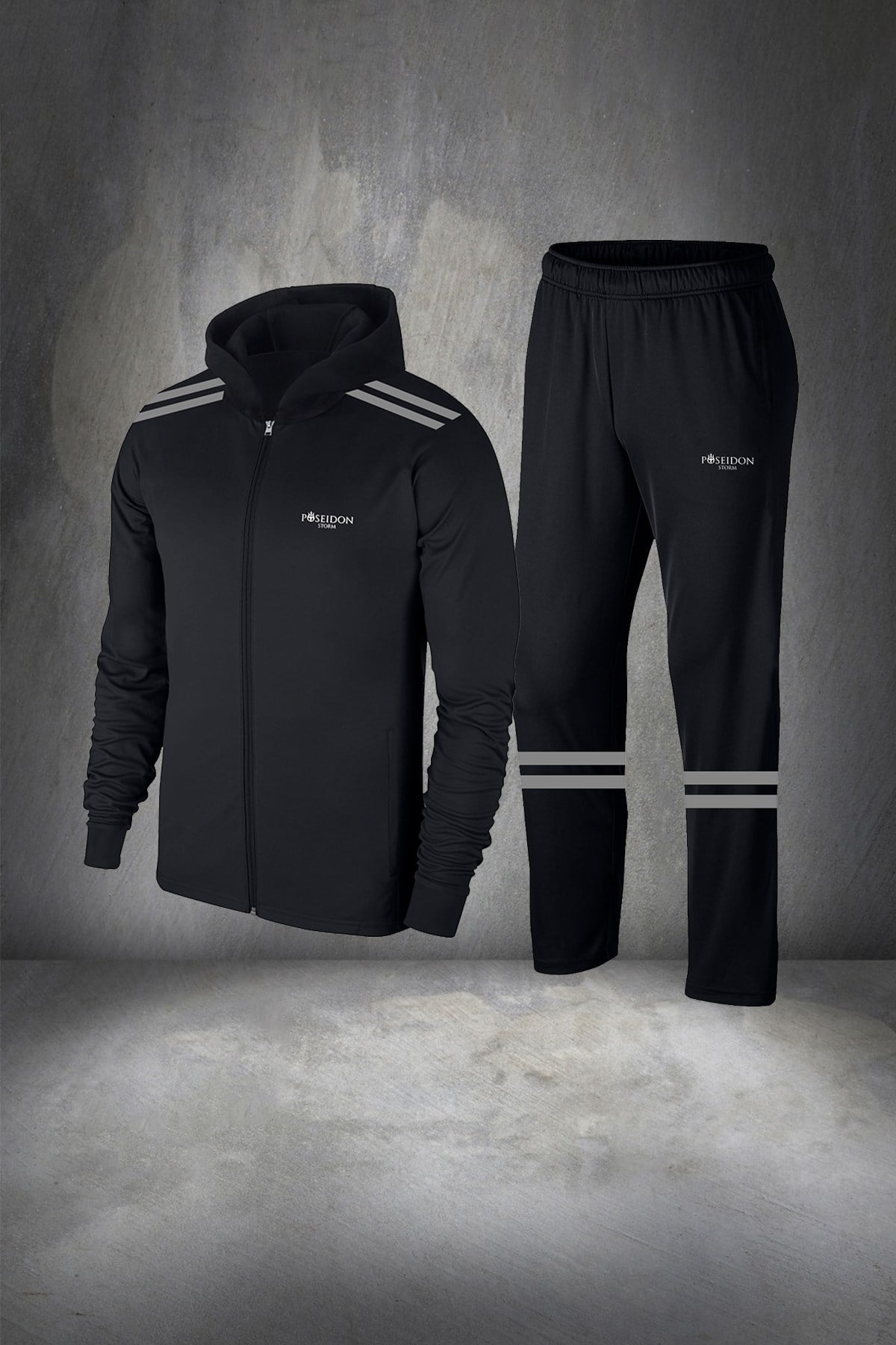 Büyük Beden Erkek Siyah  İnterlok Kumaş Fermuarlı Cepli Rahat Spor Eşofman Takımı  4XL-10XL