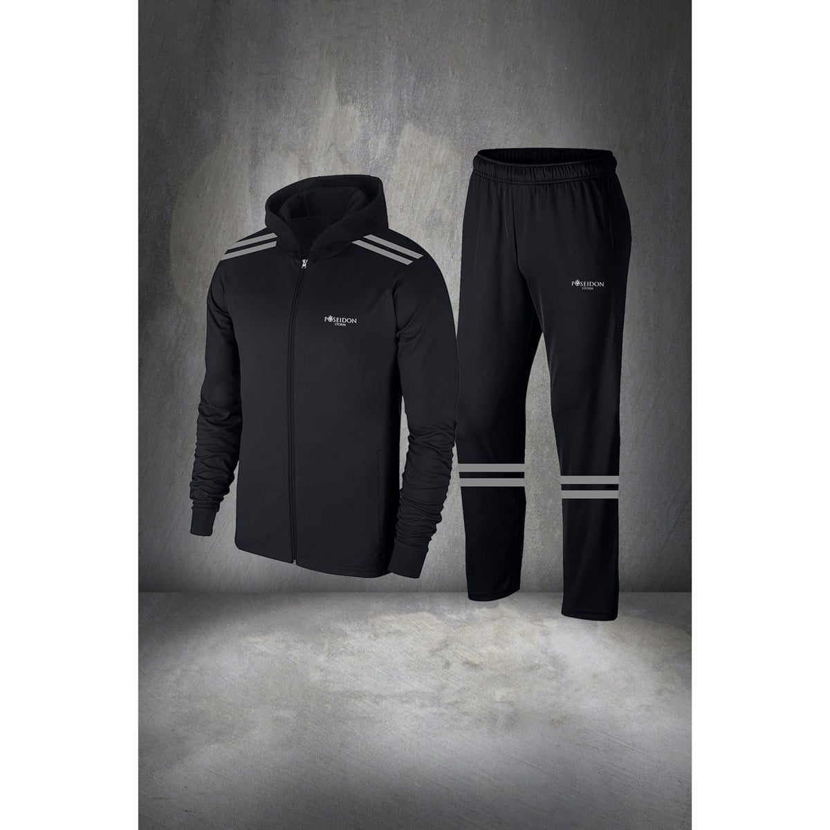 Büyük Beden Erkek Siyah  İnterlok Kumaş Fermuarlı Cepli Rahat Spor Eşofman Takımı   (4XL- 10XL)