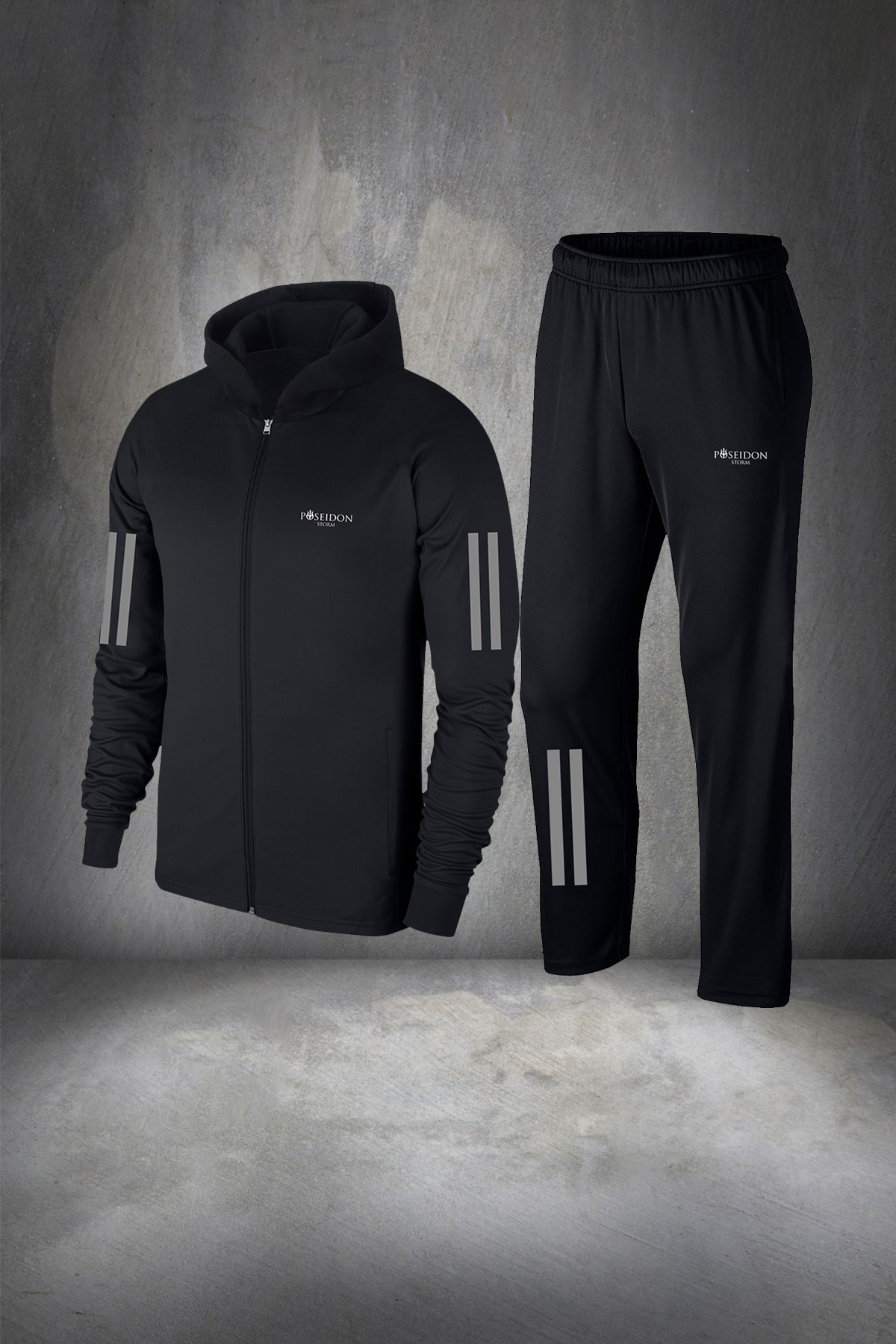 Büyük Beden Erkek Siyah İnterlok Kumaş Fermuarlı Kapüşonlu  Koşu için Eşofman Takımı  4XL-10XL
