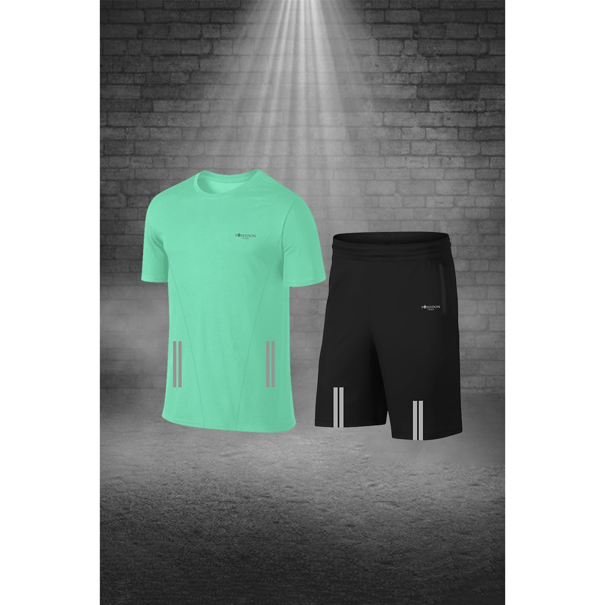 Büyük Beden Erkek Su Yeşili Dri-Fit Kumaş Cepli Düz Kısa Kol Konforlu Rahat Tişört Şort Alt Üst Spor Seti  4XL-10XL