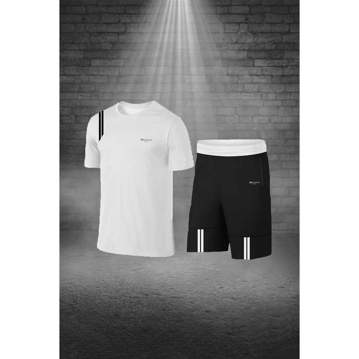 Erkek Beyaz Dri-Fit Kumaş Koşu için Konforlu Cepli Sıfır Yaka Tişört Şort İkili Alt Üst Seti (S-3XL)