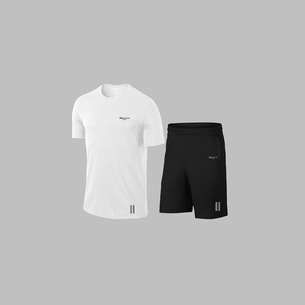 Erkek Beyaz Dri-Fit Kumaş Koşu için Konforlu Cepli Sıfır Yaka Tişört Şort İkili Alt Üst Seti S-3XL