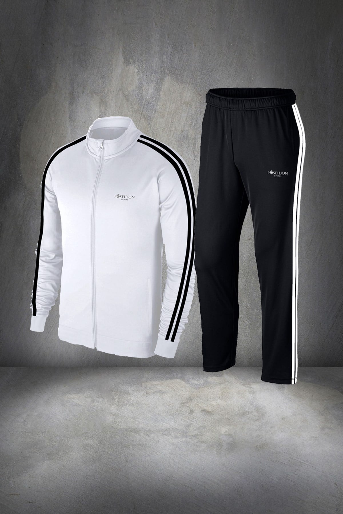 Erkek Beyaz Günlük Sporcu Eşofman Takımı S-3XL siyah çift şerit - M2