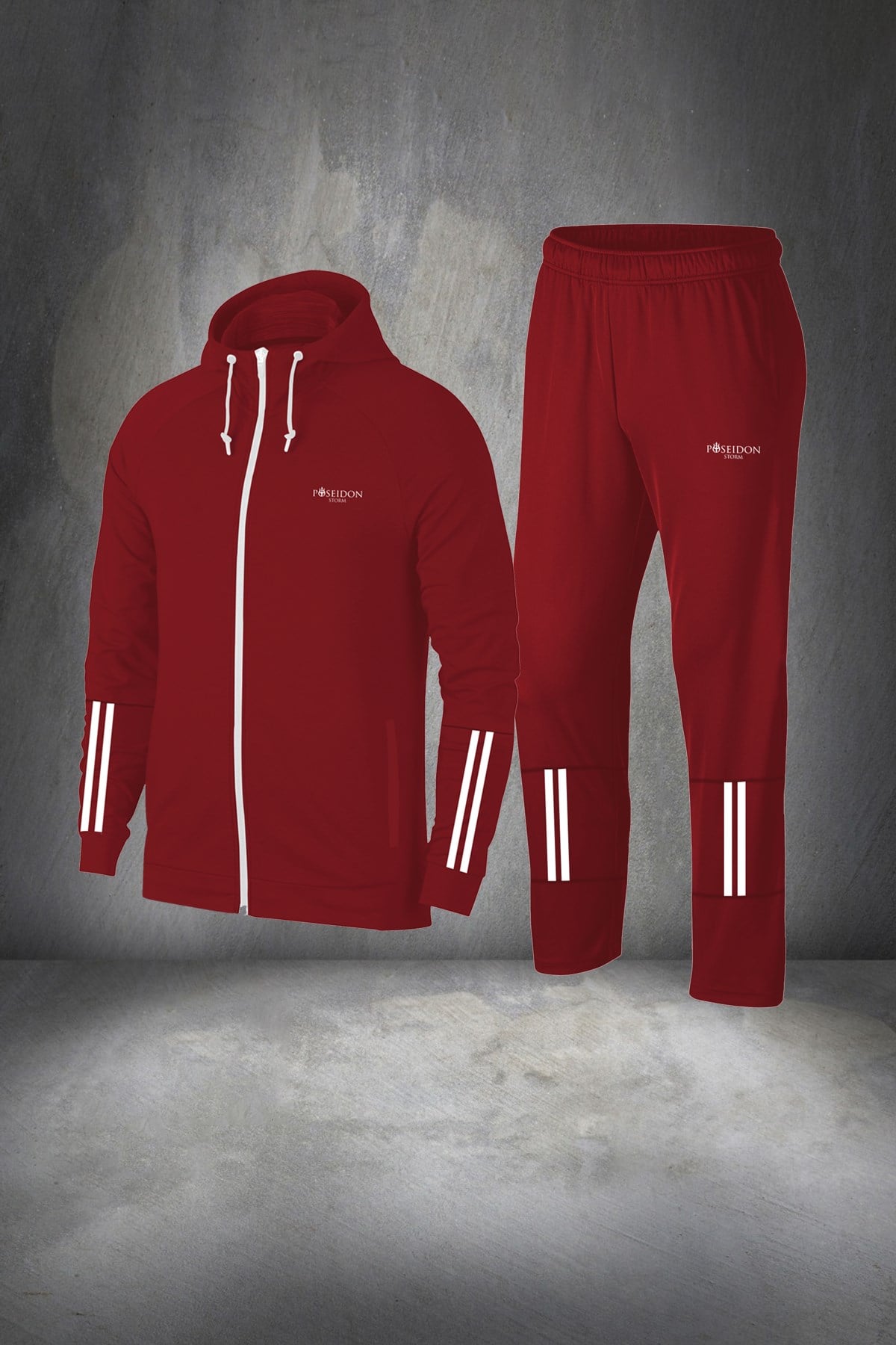 Erkek Bordo Günlük Sporcu Eşofman Takımı S-3XL - kolları yarım çift şerit - M16