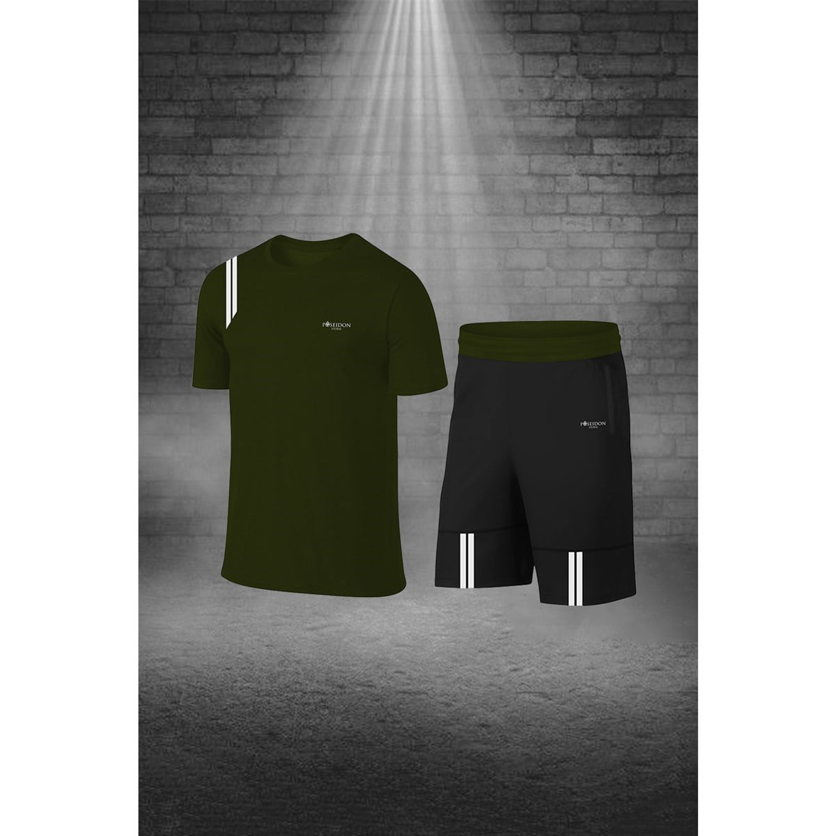 Erkek Haki Dri-Fit Kumaş Yürüyüş için Konforlu Cepli Sıfır Yaka Tişört Şort Seti (S-3XL)