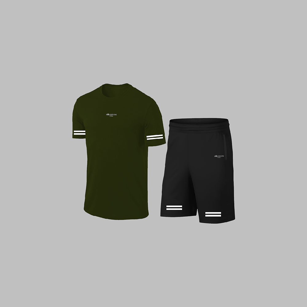 Erkek Haki Dri-Fit Kumaş Yürüyüş ve Koşu için Baskısız Günlük Tişört Şort Takımı S-3XL