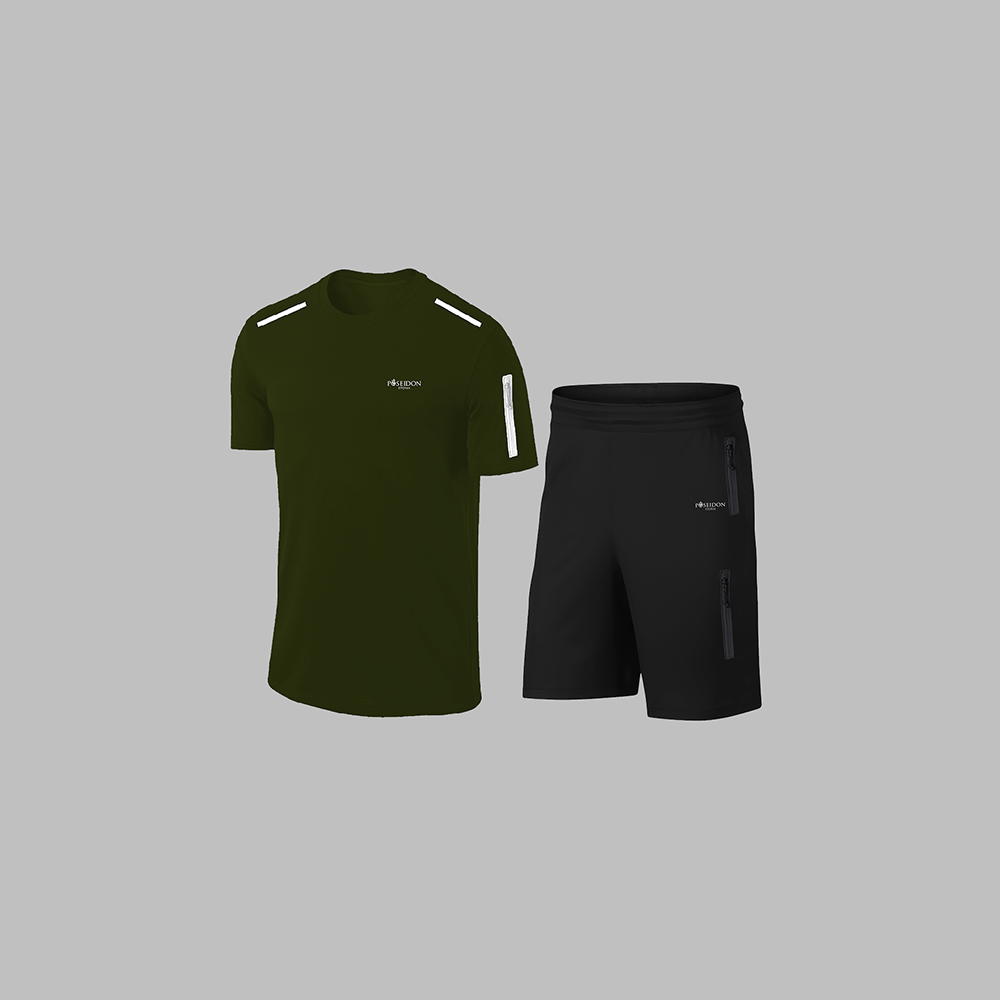 Erkek Haki Dri-Fit Kumaş Yürüyüş ve Koşu için Konforlu Cepli Sıfır Yaka Tişört Şort İkili Alt Üst Seti S-3XL
