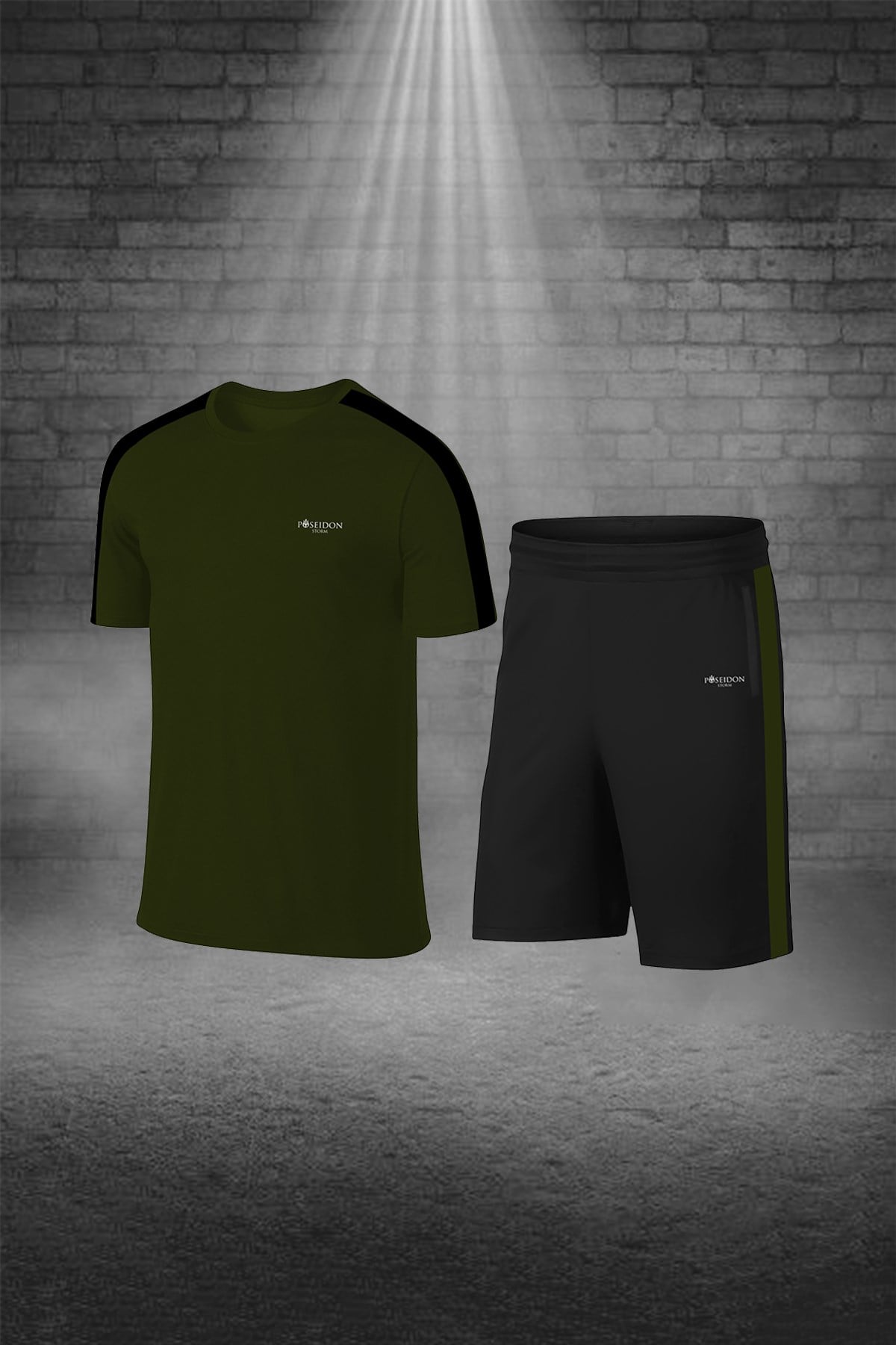 Erkek Haki Dri-Fit Kumaş Yürüyüş ve Koşu için Konforlu Cepli Sıfır Yaka Tişört Şort İkili Alt Üst Seti S-3XL