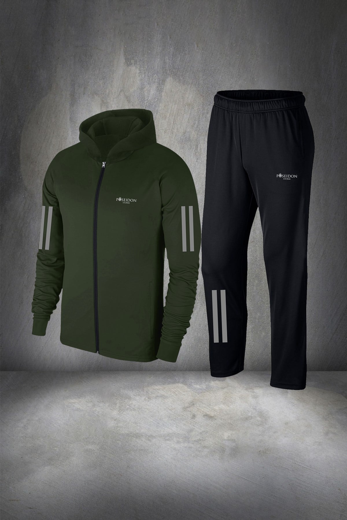 Erkek Haki İnterlok Kumaş Cepli Rahat Koşu ve Yürüyüş için Spor Seti S-3XL