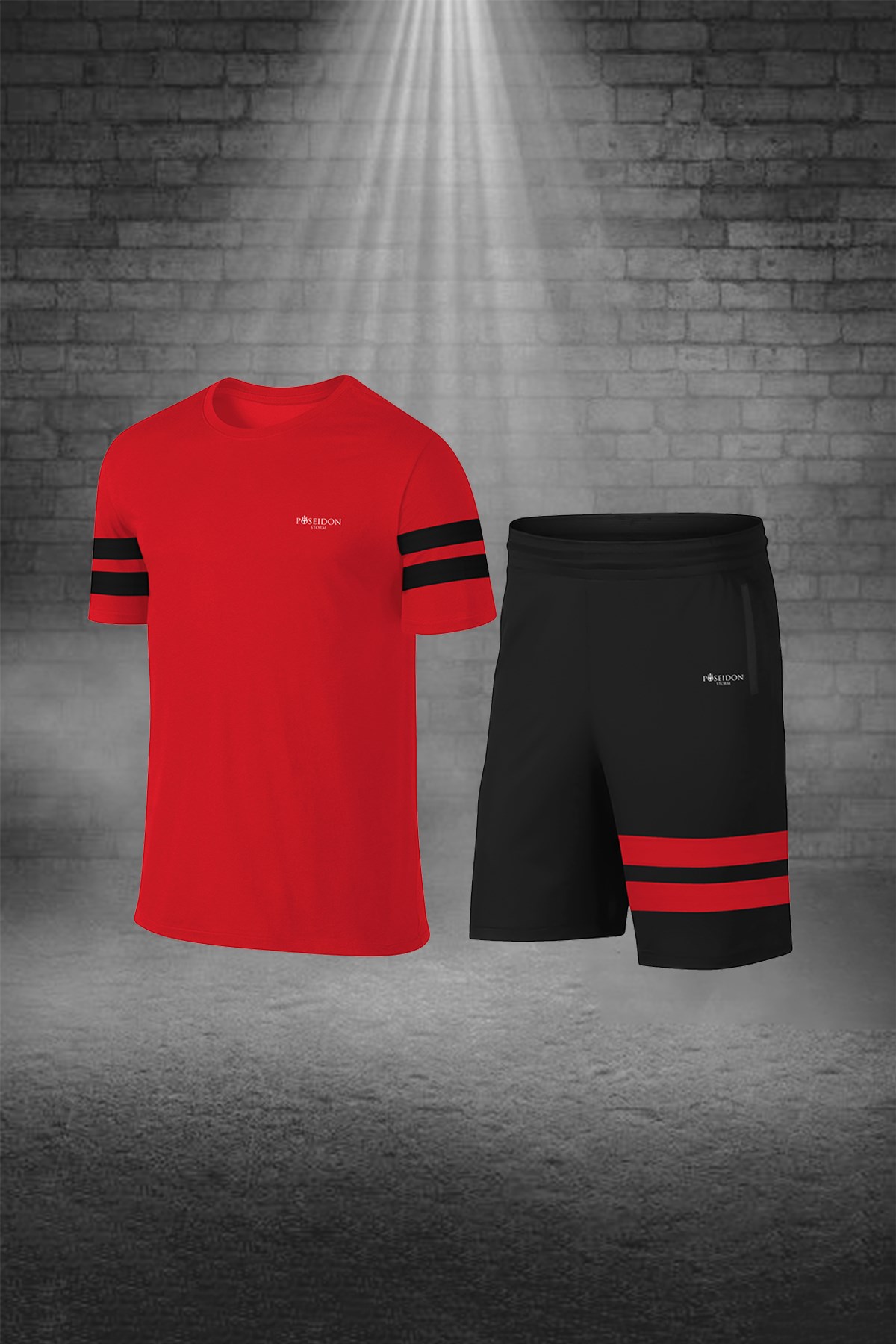 Erkek Kırmızı Dri-Fit Kumaş Baskısız Yuvarlak Yaka Kısa Kol Tişört Şort Alt Üst Takım S-3XL