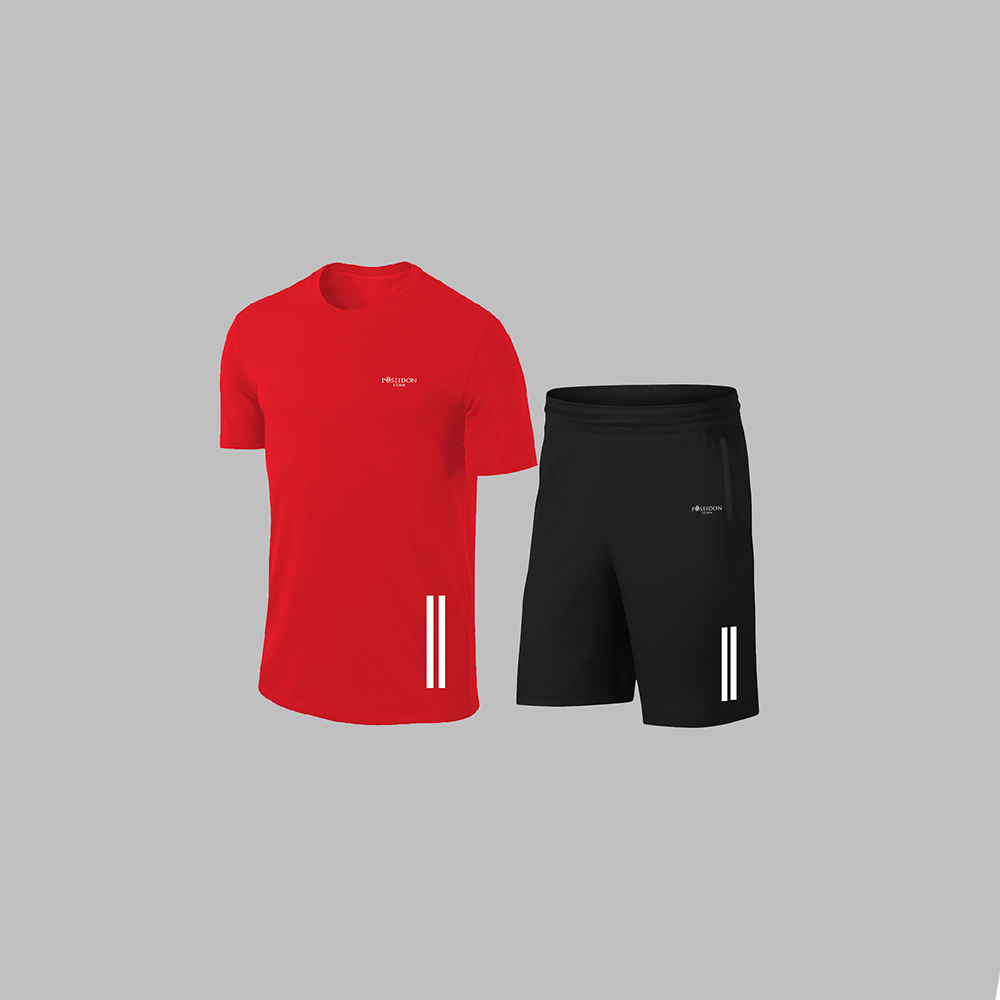 Erkek Kırmızı Dri-Fit Kumaş Cepli Baskısız Sıfır Yaka Kısa Kol Alt Üst Takım Tişört Şort Seti S-3XL