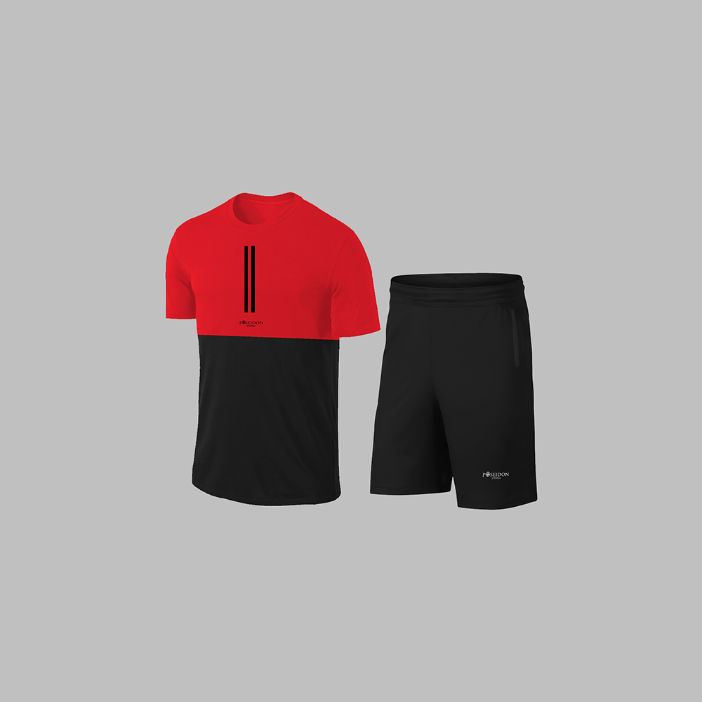Erkek Kırmızı Dri-Fit Kumaş Cepli Baskısız Sıfır Yaka Kısa Kol Alt Üst Takım Tişört Şort Seti S-3XL