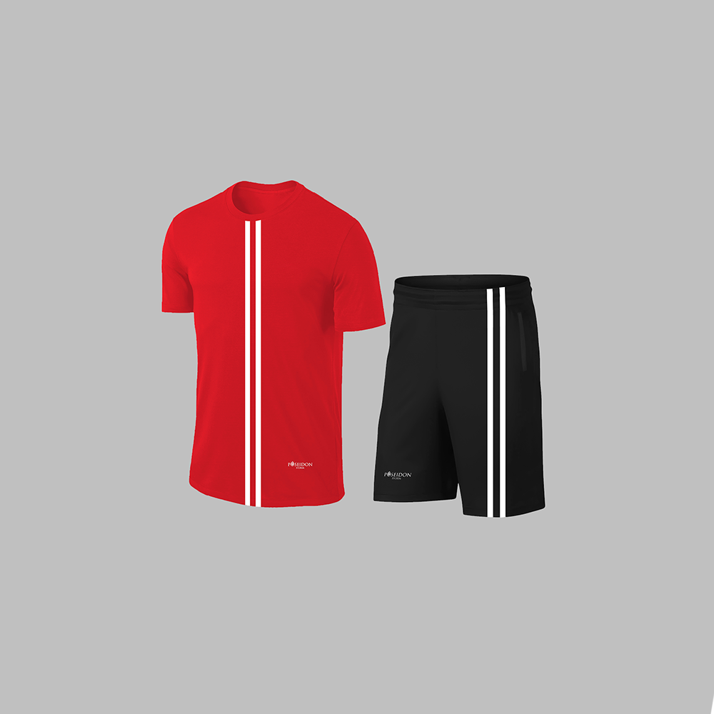 Erkek Kırmızı Dri-Fit Kumaş Cepli Baskısız Bisiklet Yaka Sporcu Tişört Şort Alt Üst İkili Takım S-3XL