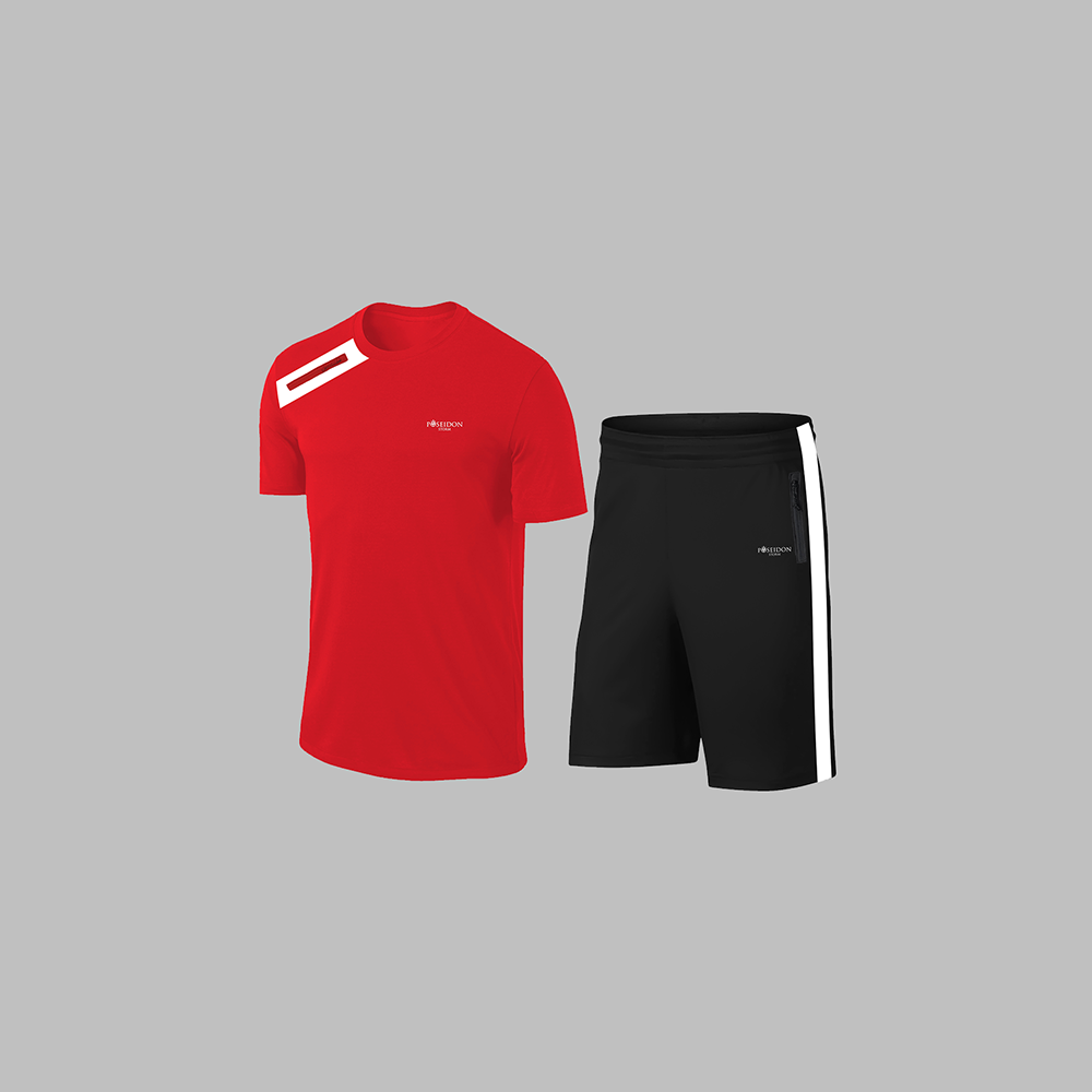 Erkek Kırmızı Dri-Fit Kumaş Cepli Baskısız Sıfır Yaka Kısa Kol Alt Üst Takım Tişört Şort Seti S-3XL