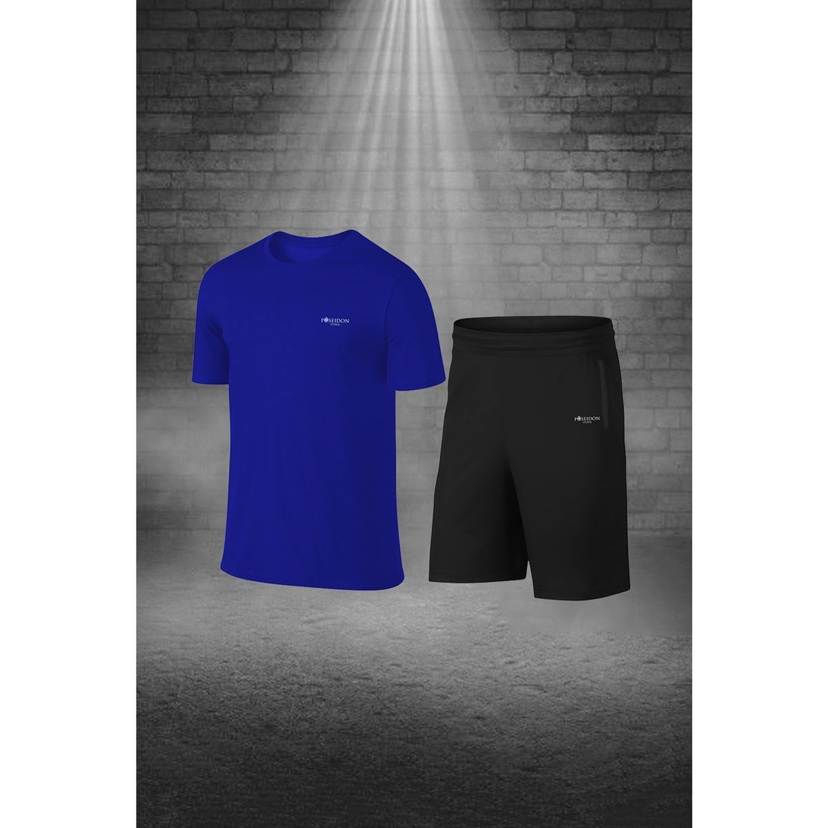 Erkek Mavi Dri-Fit Kumaş Antrenman ve Koşu için Konforlu Cepli Düz Tişört Şort Seti (S-3XL)