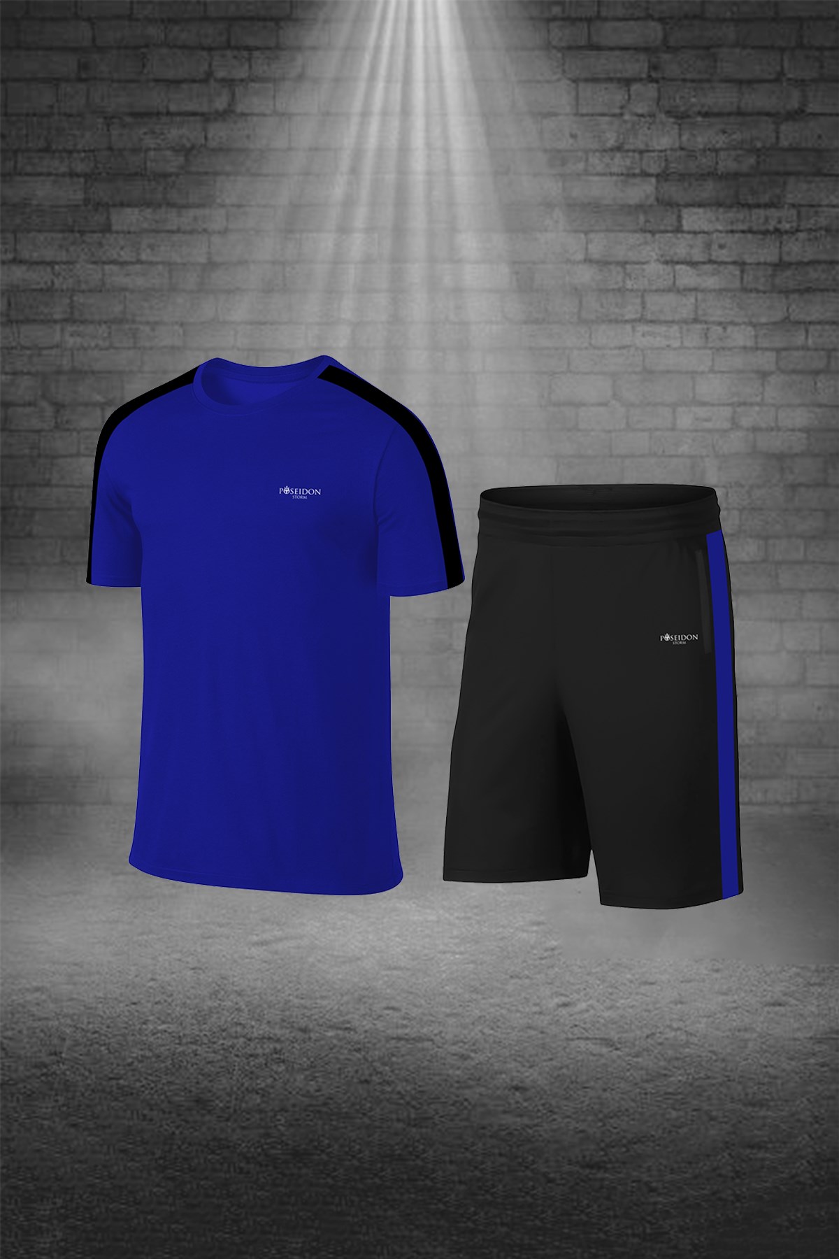 Erkek Mavi Dri-Fit Kumaş Antrenman ve Koşu için Konforlu Cepli Kısa Kol Tişört Şort İkili Takım S-3XL