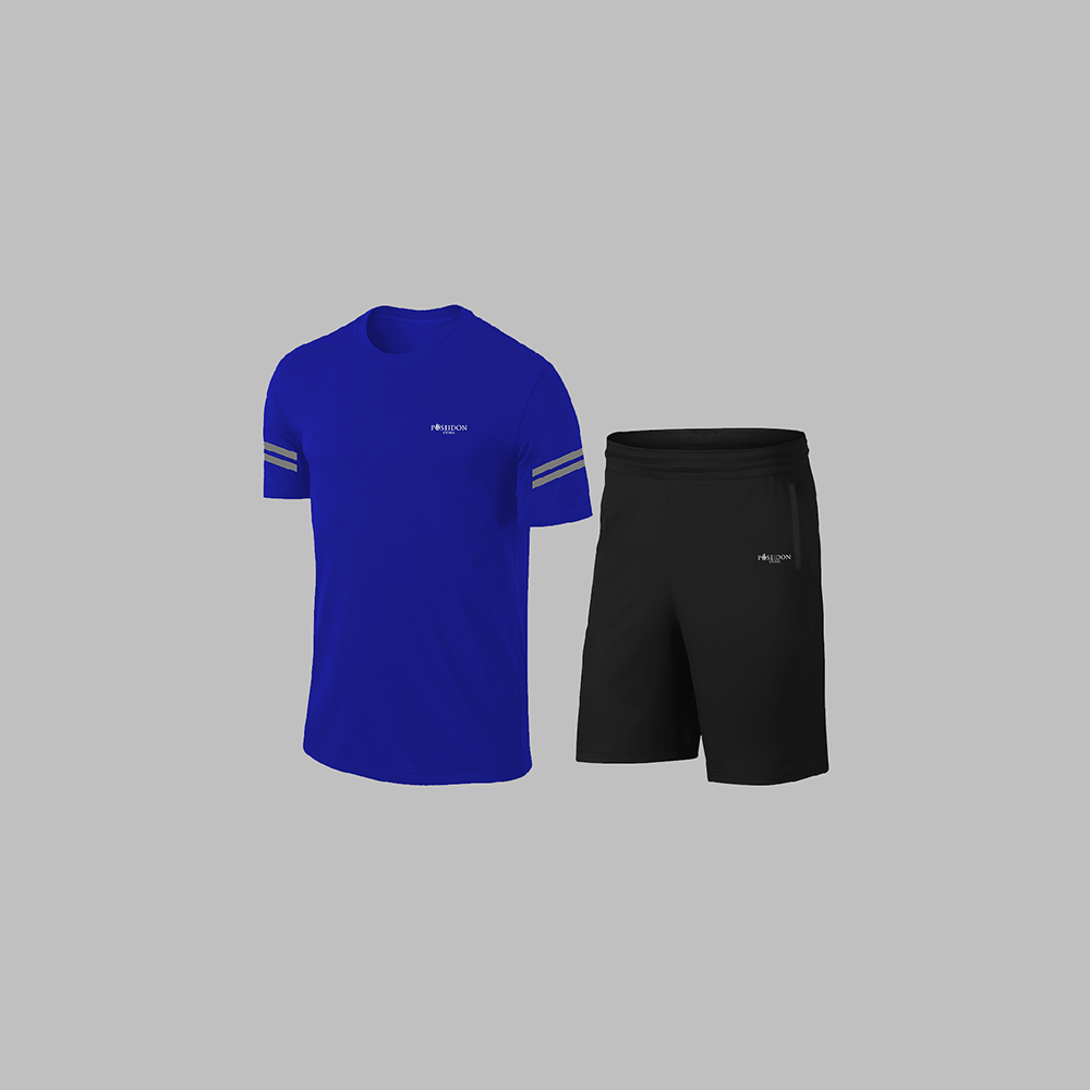 Erkek Mavi Dri-Fit Kumaş Baskısız Yuvarlak Yaka Kısa Kol Tişört Şort Alt Üst Spor Takım S-3XL