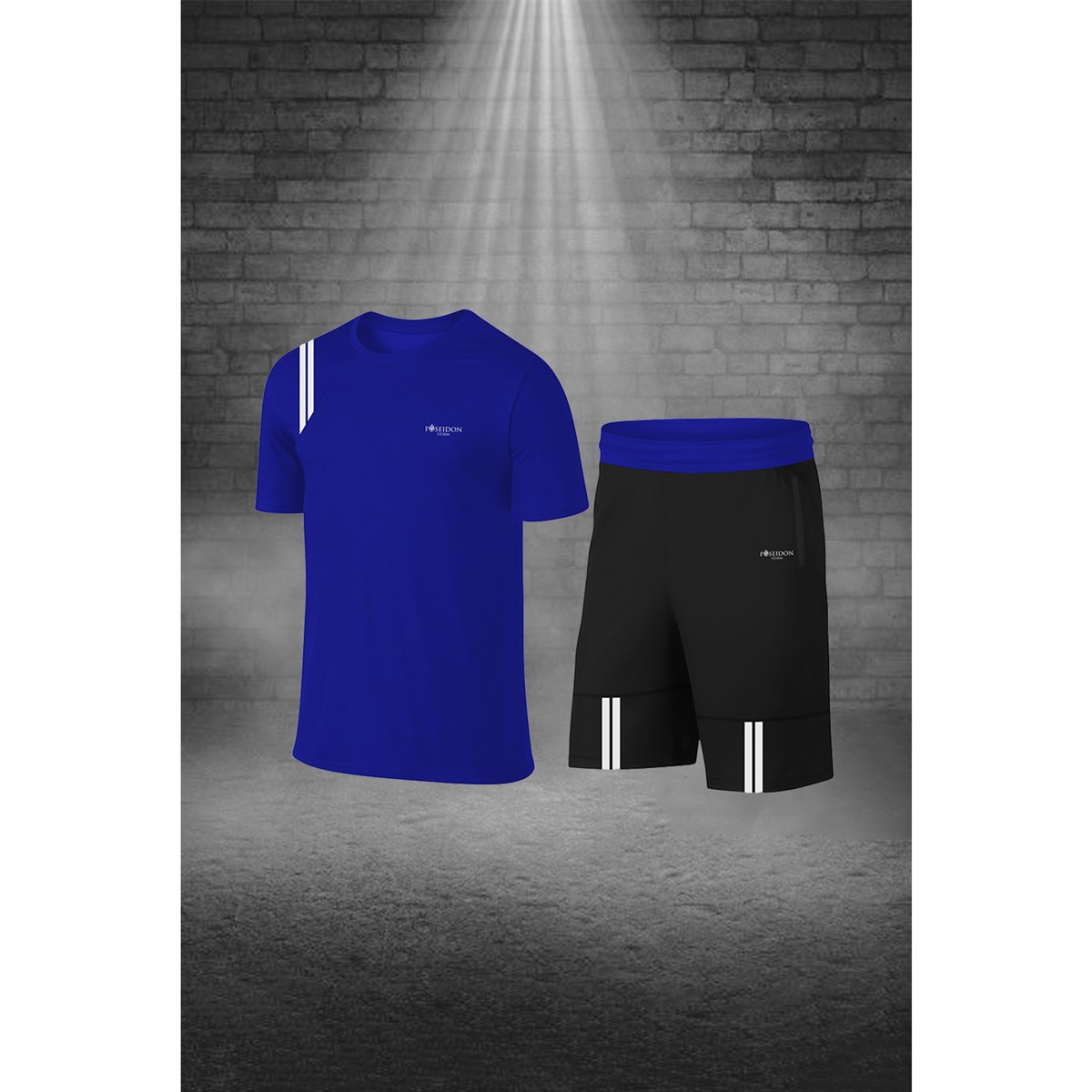 Erkek Mavi Dri-Fit Kumaş Cepli Baskısız Bisiklet Yaka Sporcu Tişört Şort Alt Üst İkili Takım S-3XL
