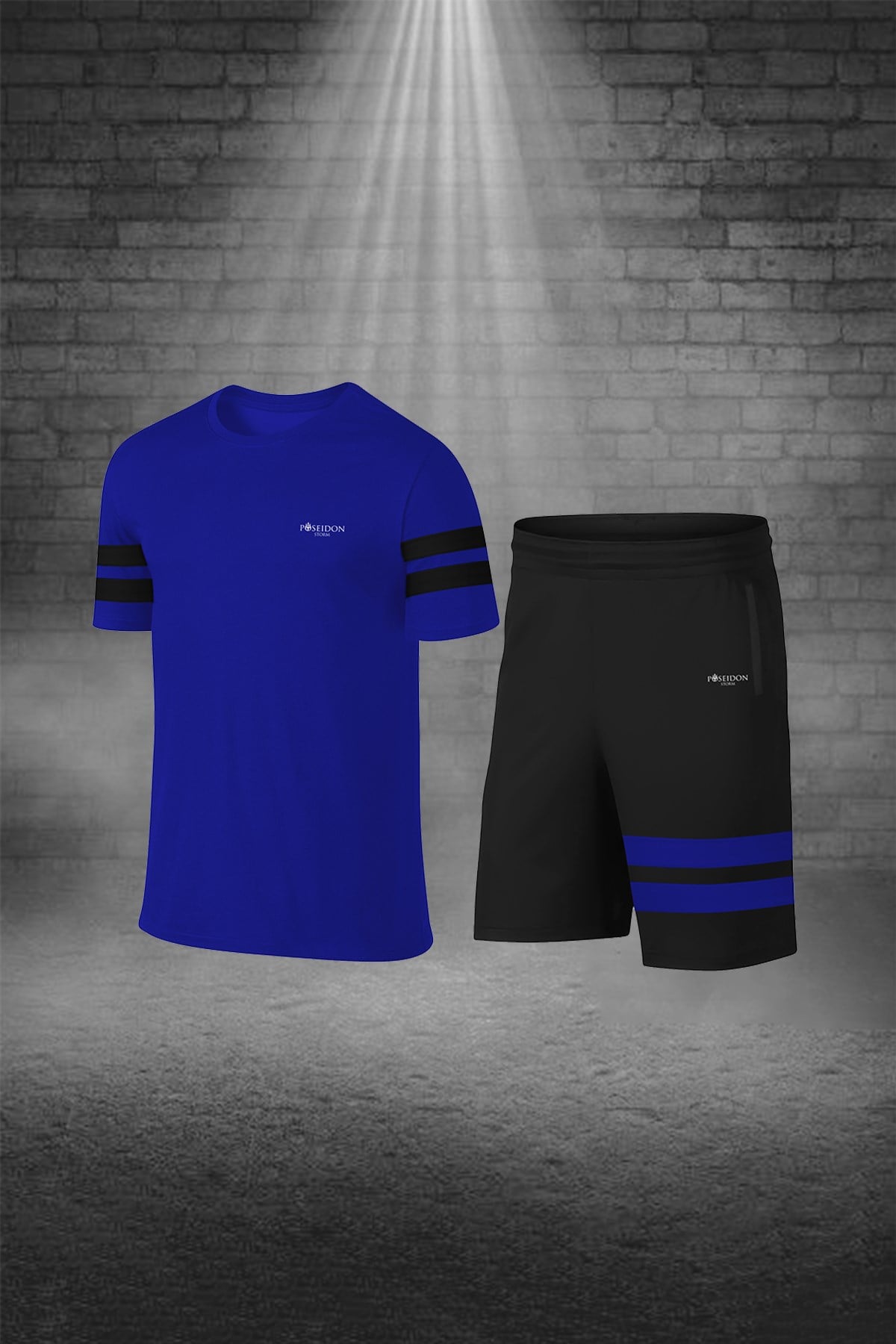Erkek Mavi Dri-Fit Kumaş Yürüyüş ve Koşu için Konforlu Cepli Kısa Kol Tişört Şort İkili Takım S-3XL
